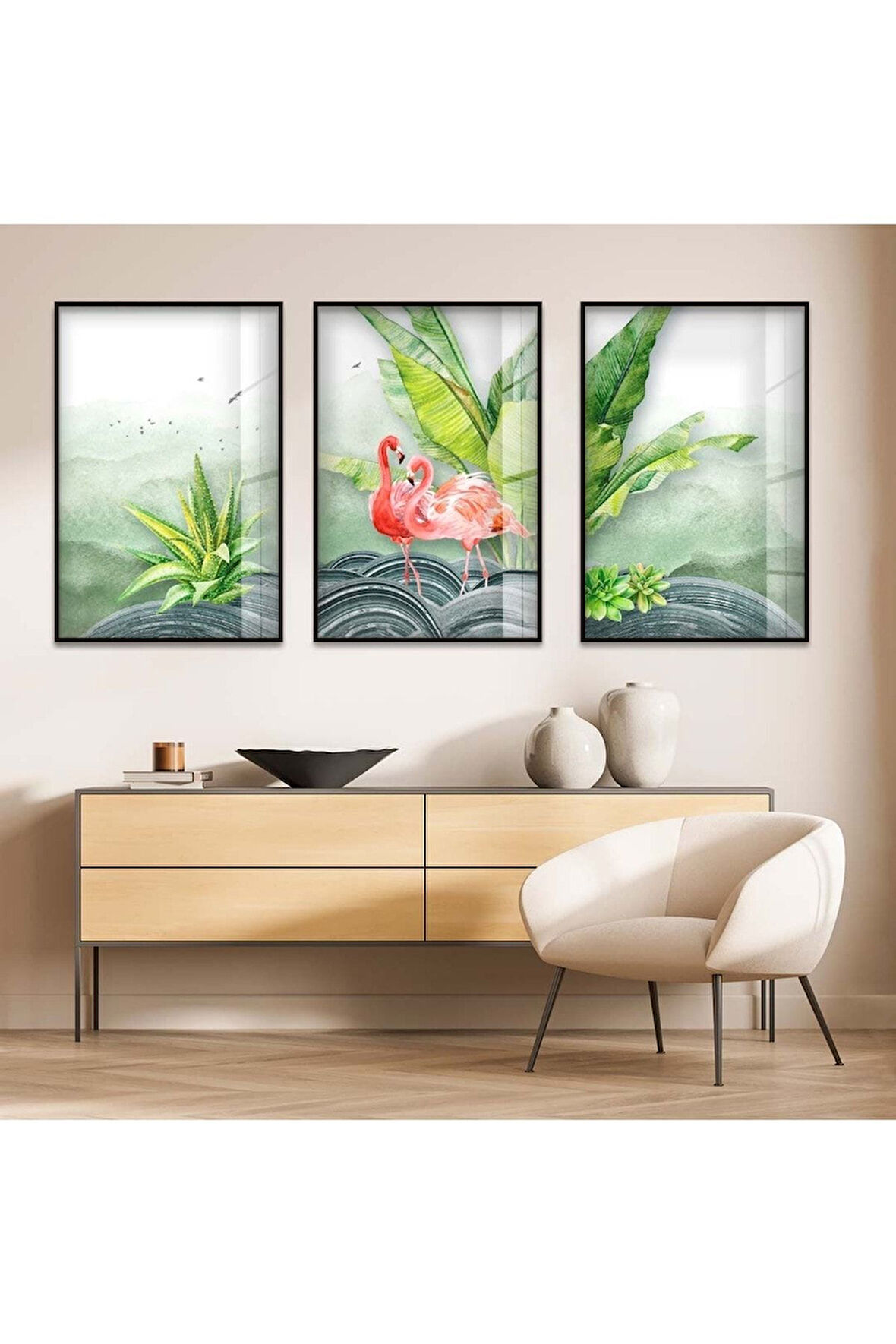 Gold Metal Çerçeveli Aşk Kuğuları Üçlü Kırılmaz Cam Tablo Seti