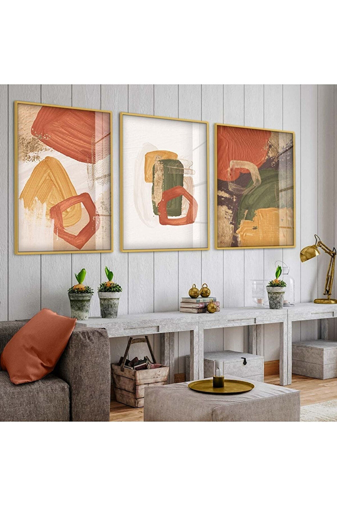 Gold Metal Çerçeveli Soyut Desen Şekiller Üçlü Kırılmaz Cam Tablo Seti