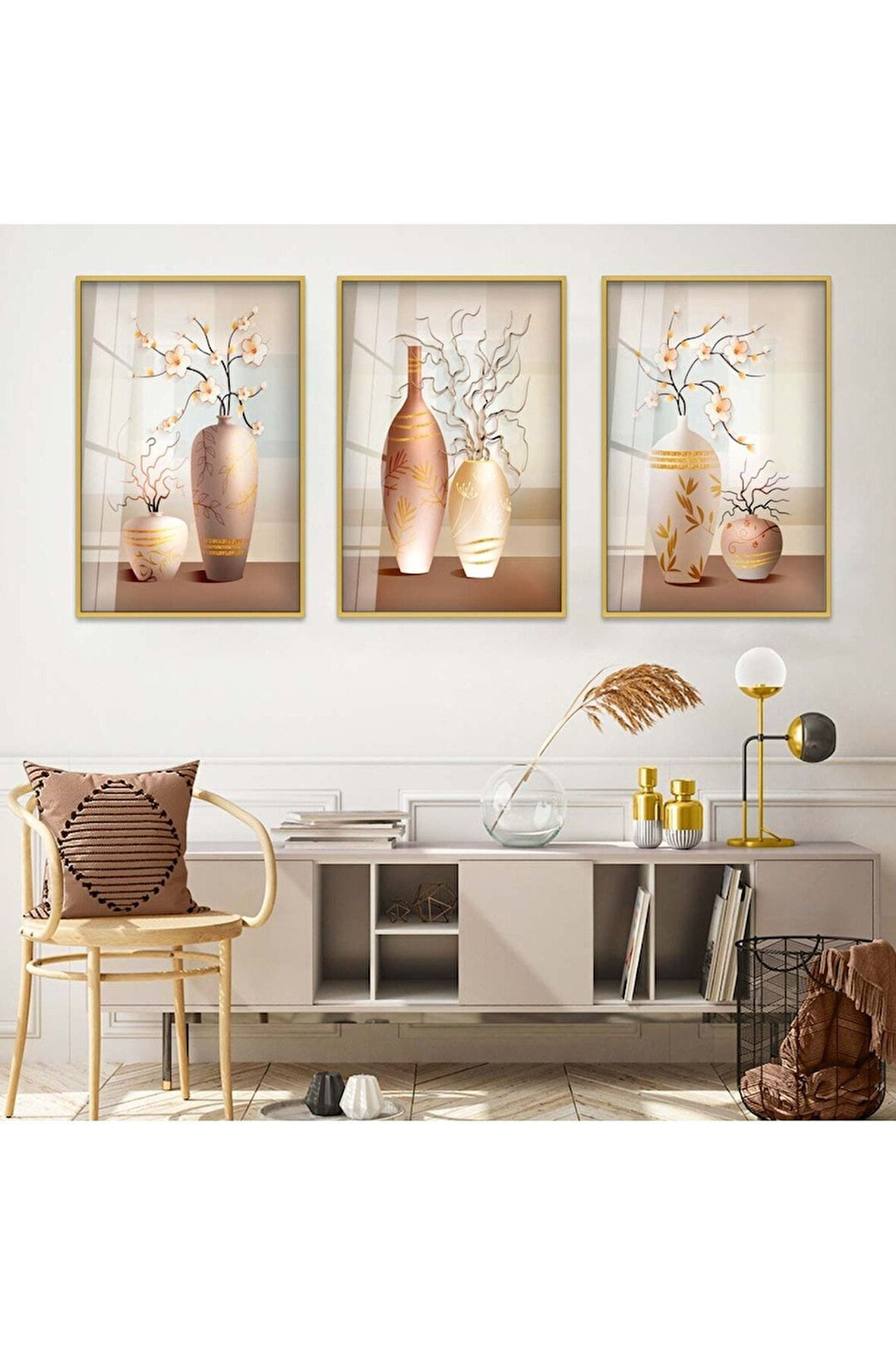 MİNİMALİST SOYUT DESEN 3'LÜ METAL ÇERÇEVELİ CAM TABLO SETİ