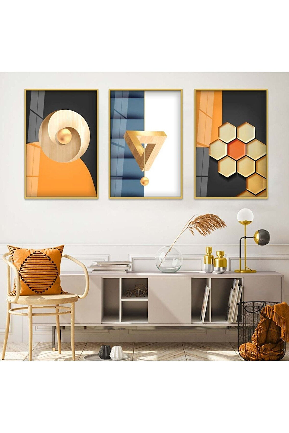 Gümüş Metal Çerçeveli Soyut Desen Üçlü Kırılmaz Cam Tablo Seti