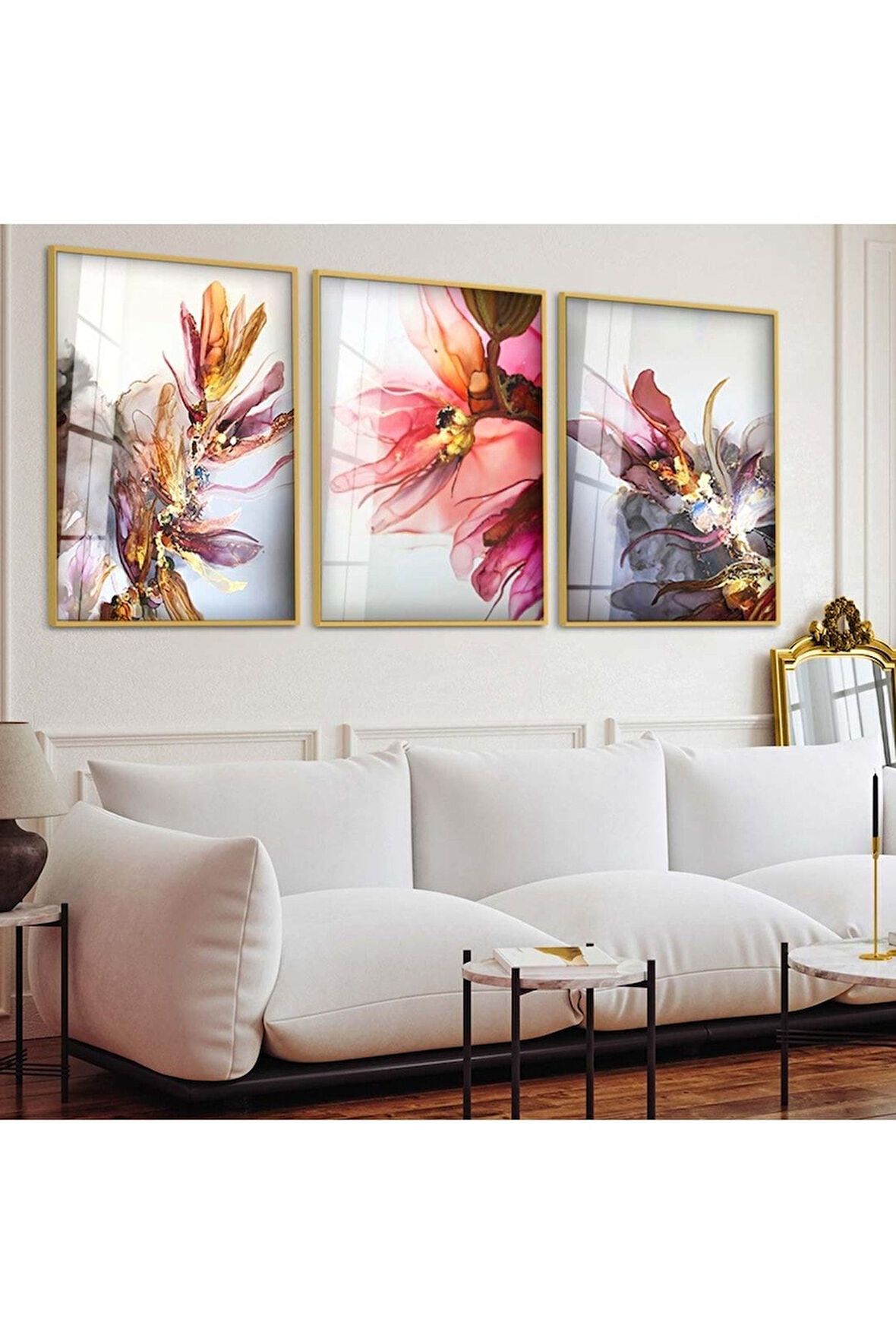Gold Metal Çerçeveli Renkli Çiçek Üçlü Kırılmaz Cam Tablo Seti