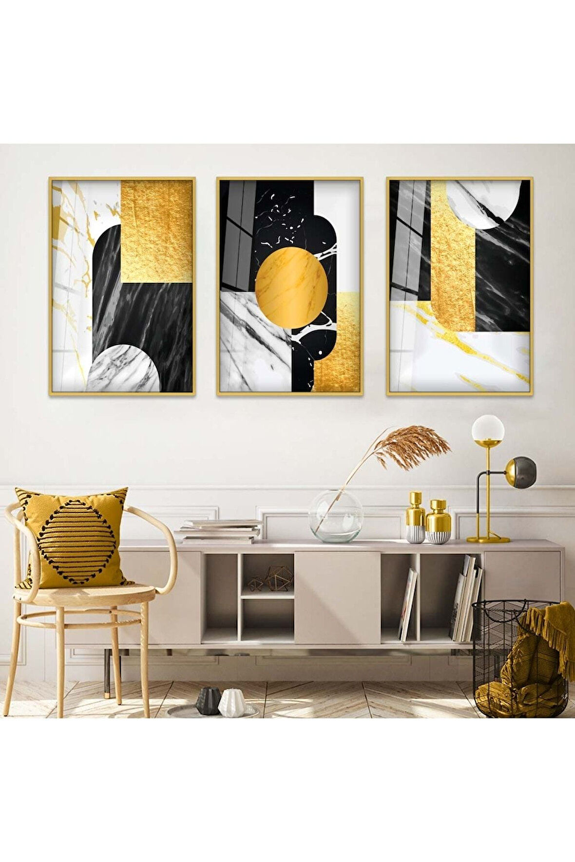 Gümüş Metal Çerçeveli Soyut Desen Şekiller Üçlü Kırılmaz Cam Tablo Seti