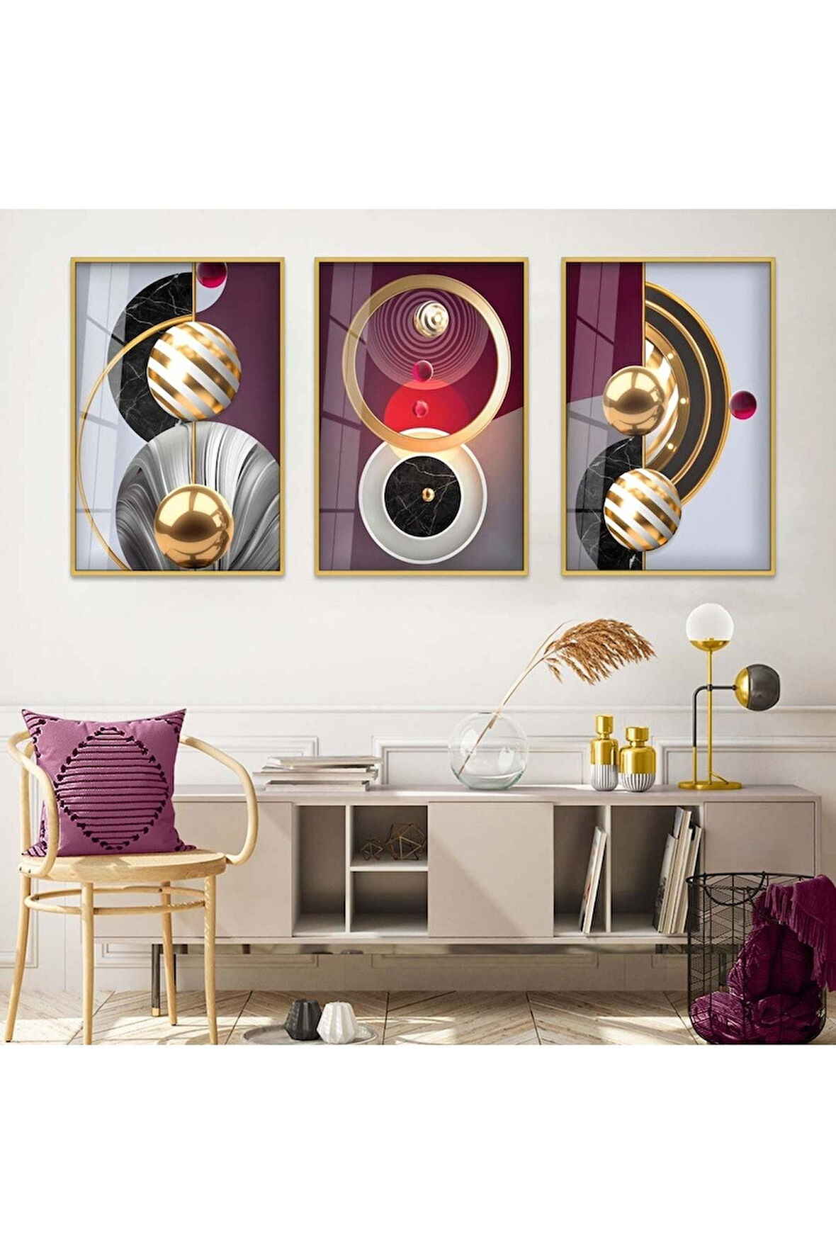 Gümüş Metal Çerçeveli Soyut Desen Üçlü Kırılmaz Cam Tablo Seti