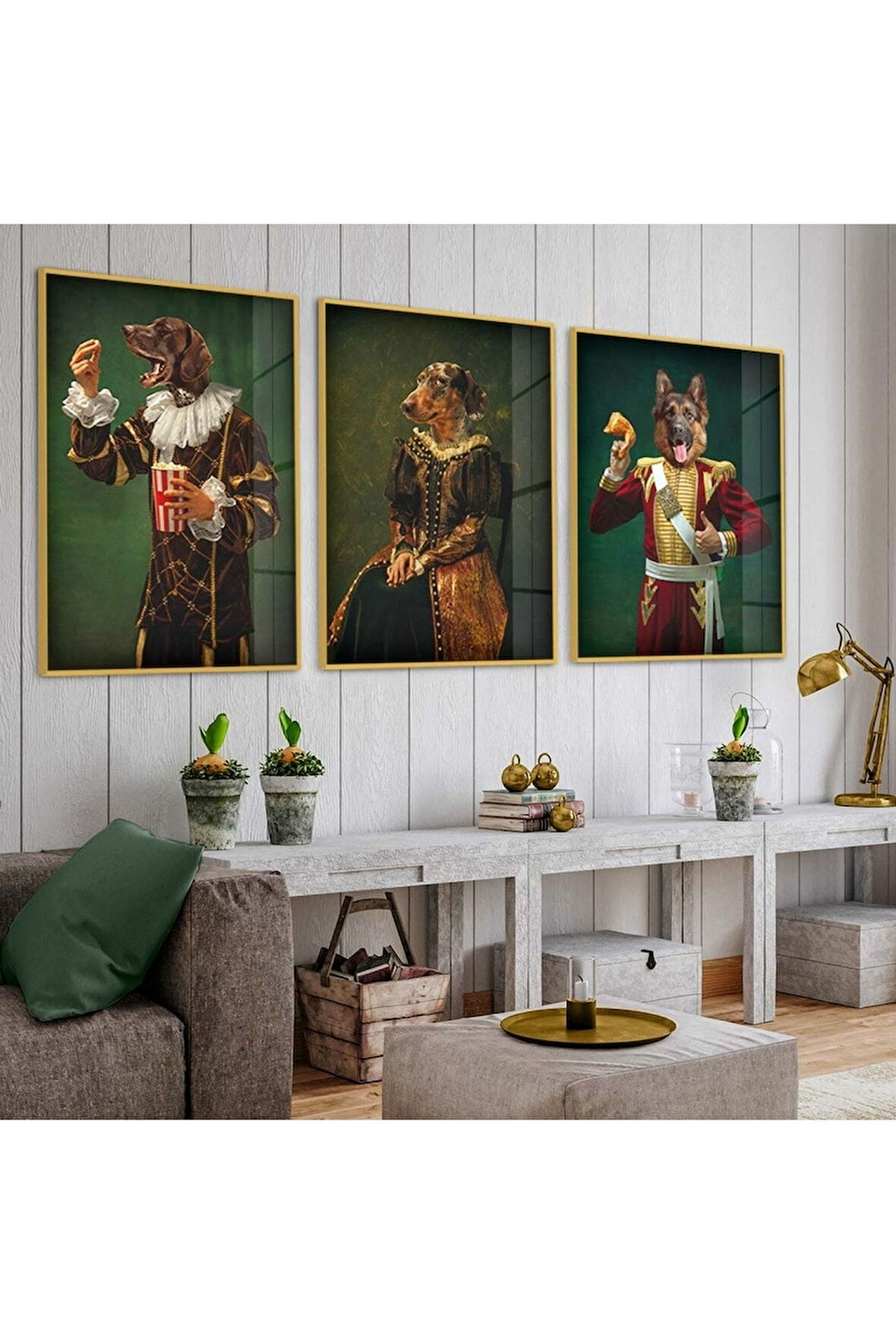 Gold Metal Çerçeveli Hayvan Insan Cam Kırılmaz Cam Tablo Seti