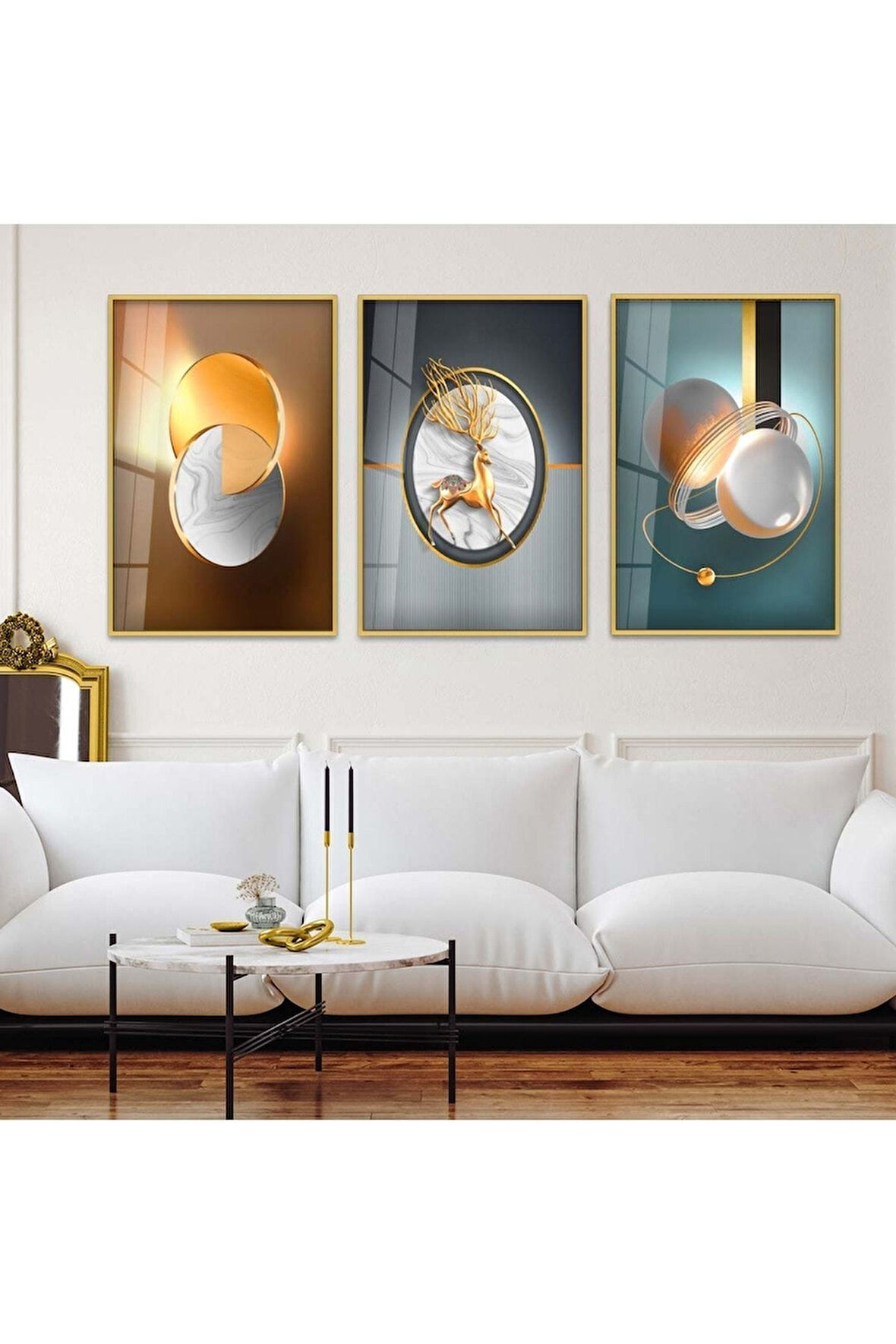 Gümüş Metal Çerçeveli Soyut Desen Üçlü Kırılmaz Cam Tablo Seti