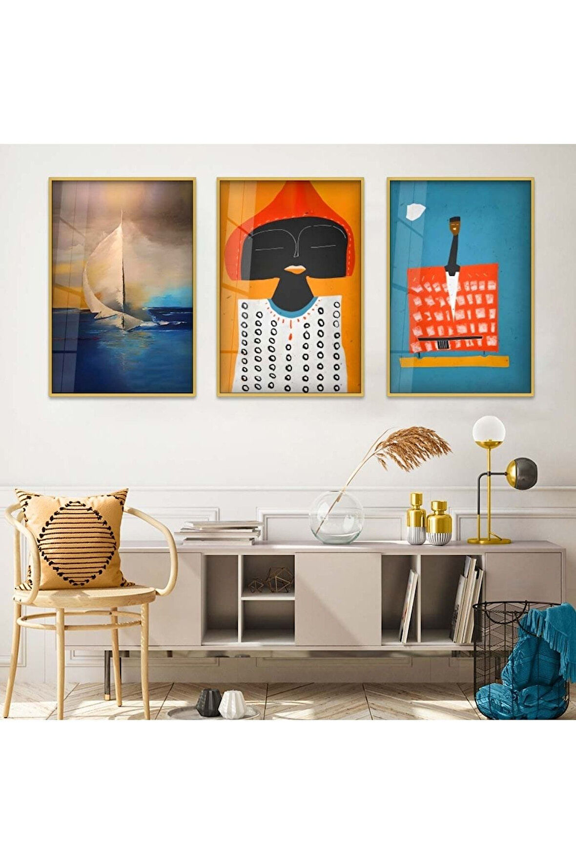 Gümüş Metal Çerçeveli Modern Çizim Üçlü Kırılmaz Cam Tablo Seti