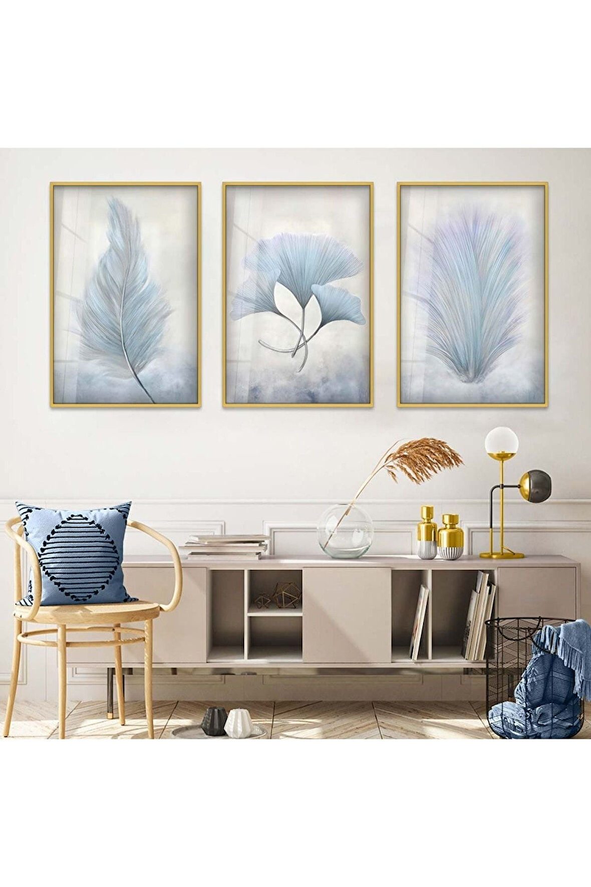 Gümüş Metal Çerçeveli Beyaz Kar Çiçeği Üçlü Kırılmaz Cam Tablo Seti