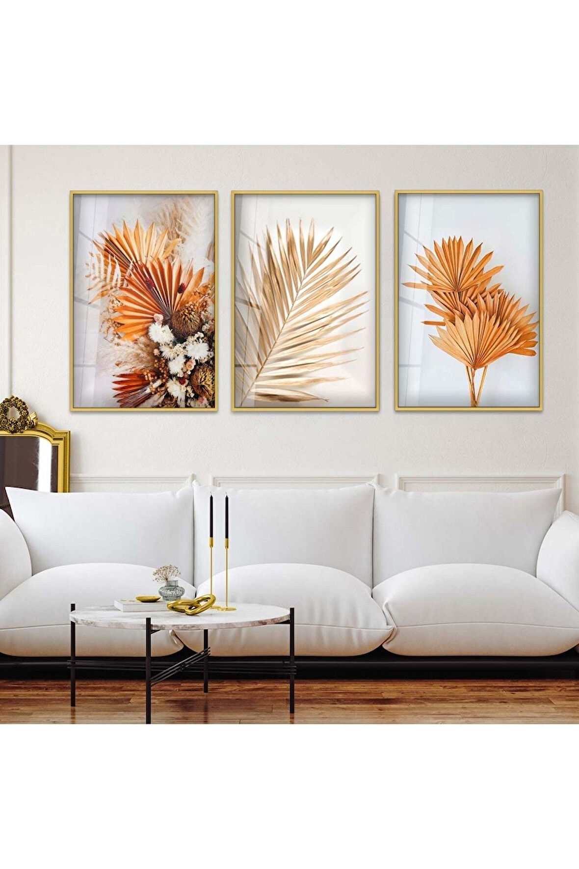 Siyah Metal Çerçeveli Çiçek Üçlü Kırılmaz Cam Tablo Seti