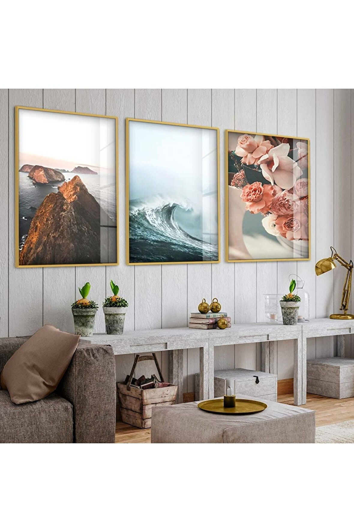 Gold Metal Çerçeveli Doğa Manzara Üçlü Kırılmaz Cam Tablo Seti
