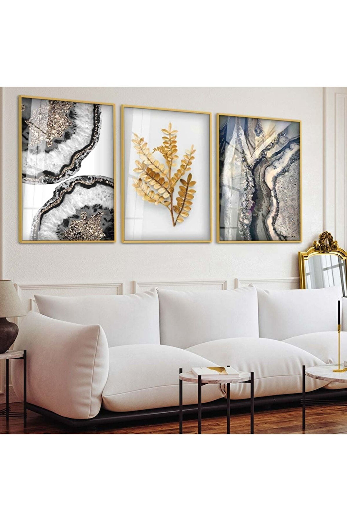 Gold Metal Çerçeveli Kolaj Çizim Üçlü Kırılmaz Cam Tablo Seti