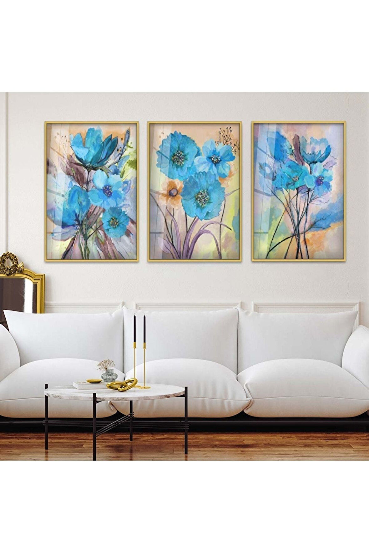 Gümüş Metal Çerçeveli Kolaj Çizim Çiçek Üçlü Kırılmaz Cam Tablo Seti