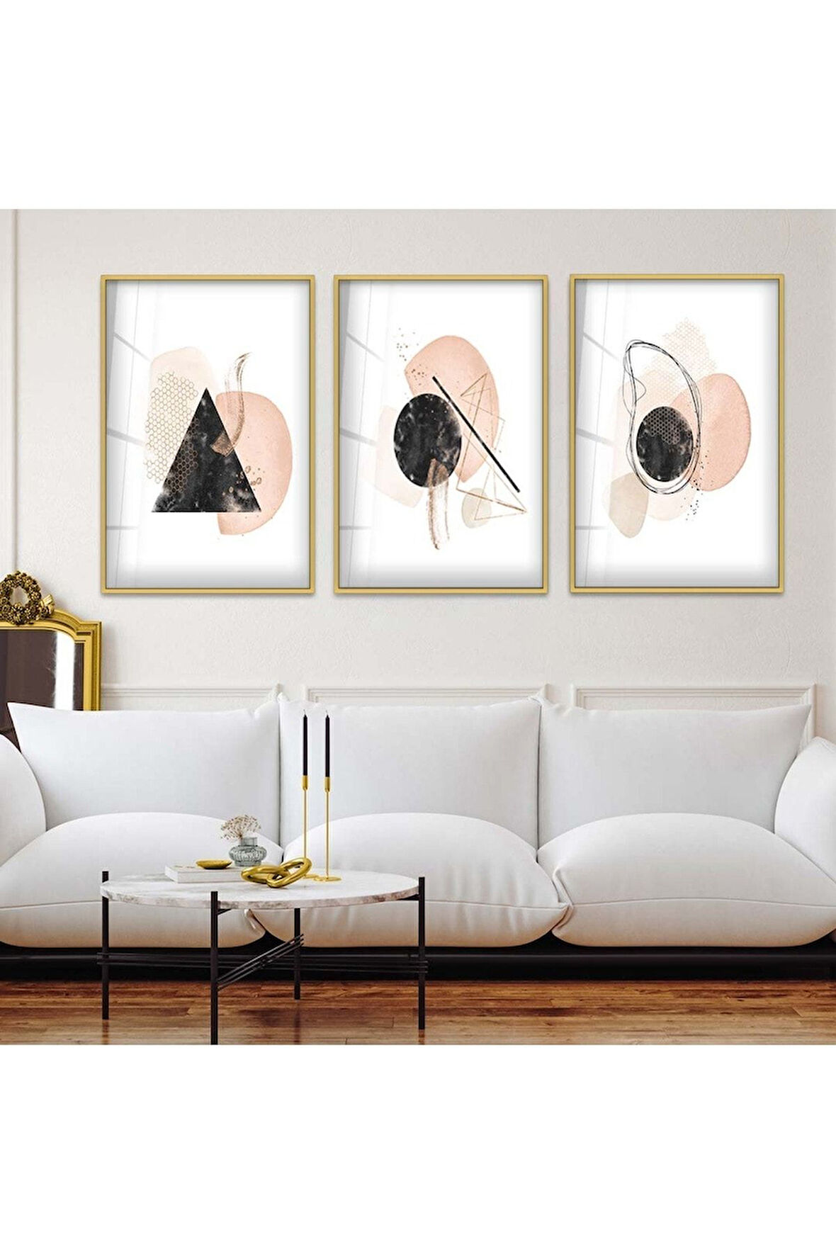 Gümüş Metal Çerçeveli Soyut Desen Şekiller Üçlü Kırılmaz Cam Tablo Seti