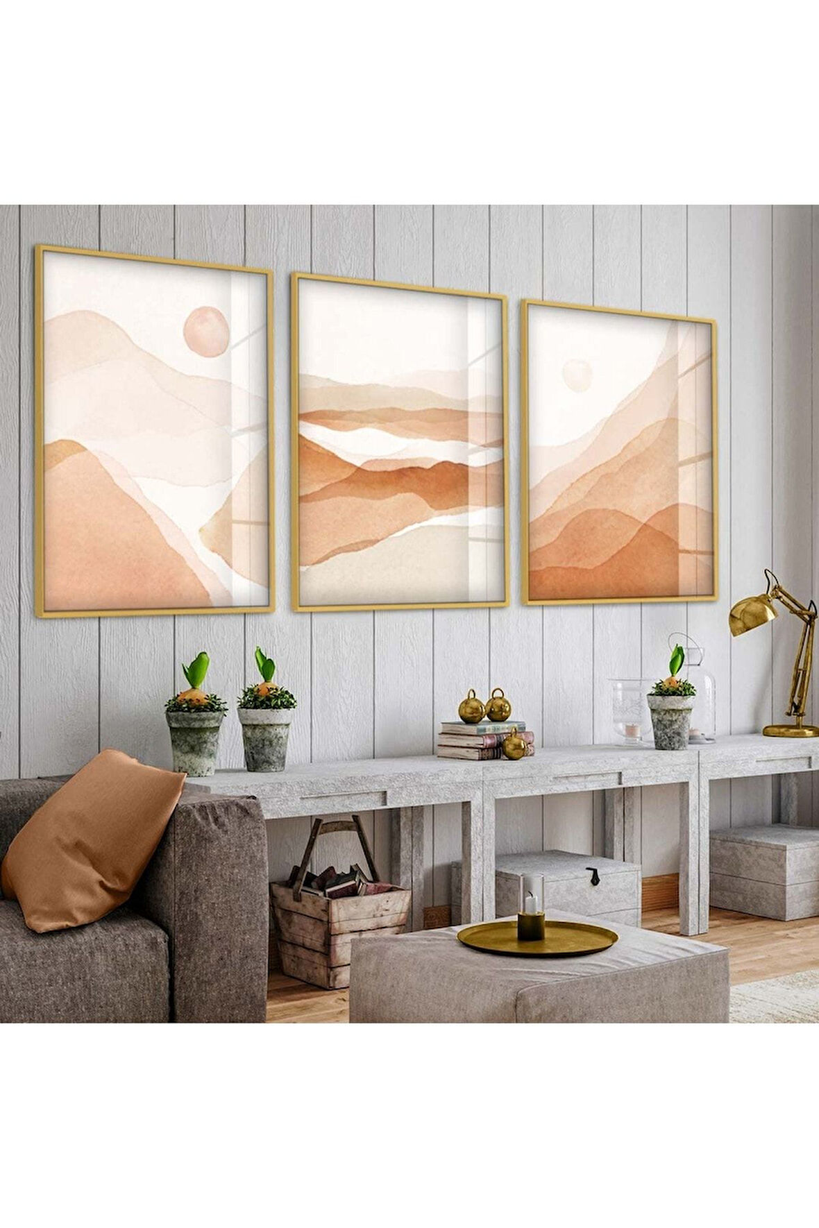 Gold Metal Çerçeveli Kolaj Çizim Dağ Üçlü Kırılmaz Cam Tablo Seti