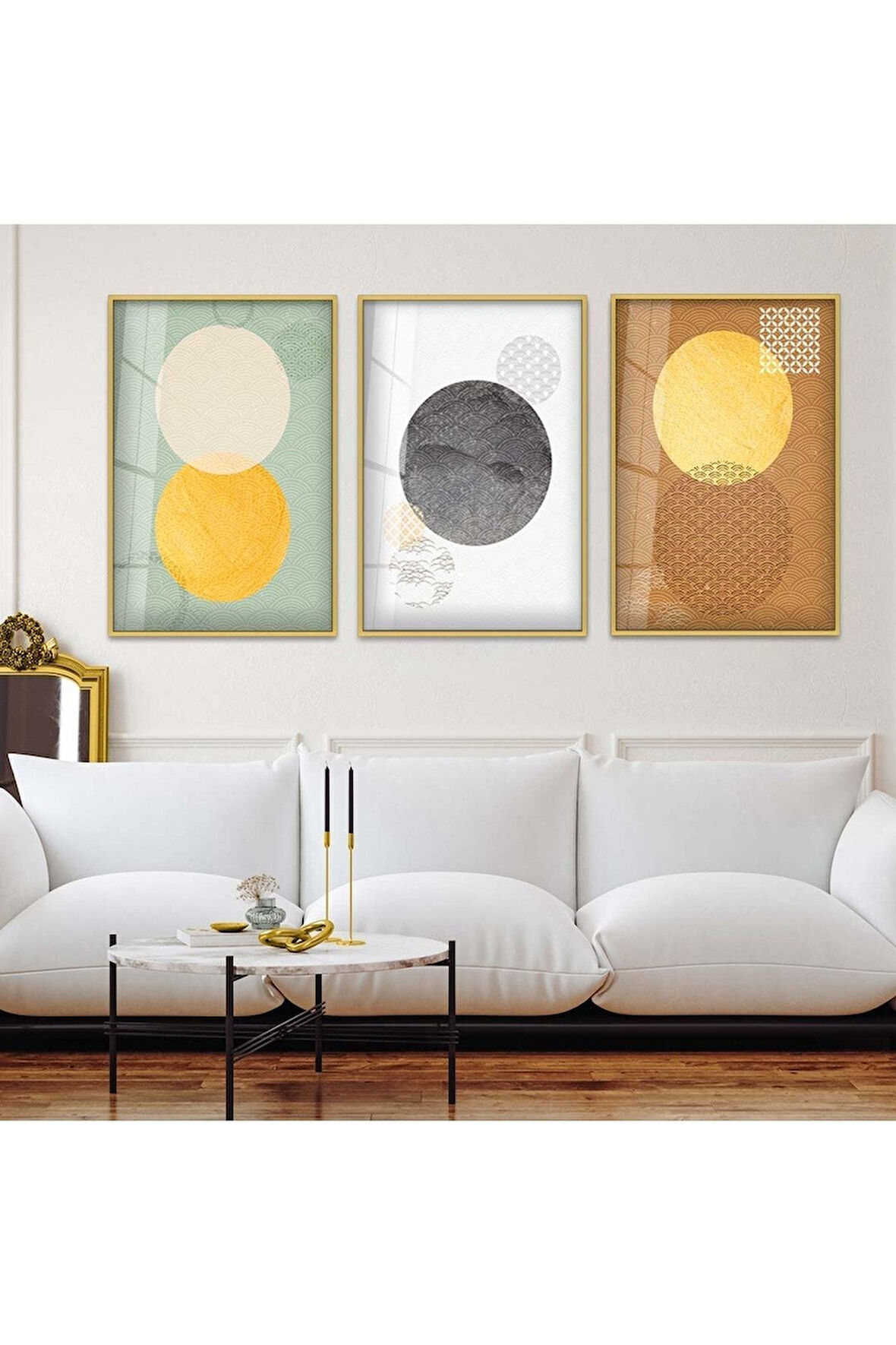 Siyah Metal Çerçeveli Kolaj Çizim Çiçek Üçlü Kırılmaz Cam Tablo Seti