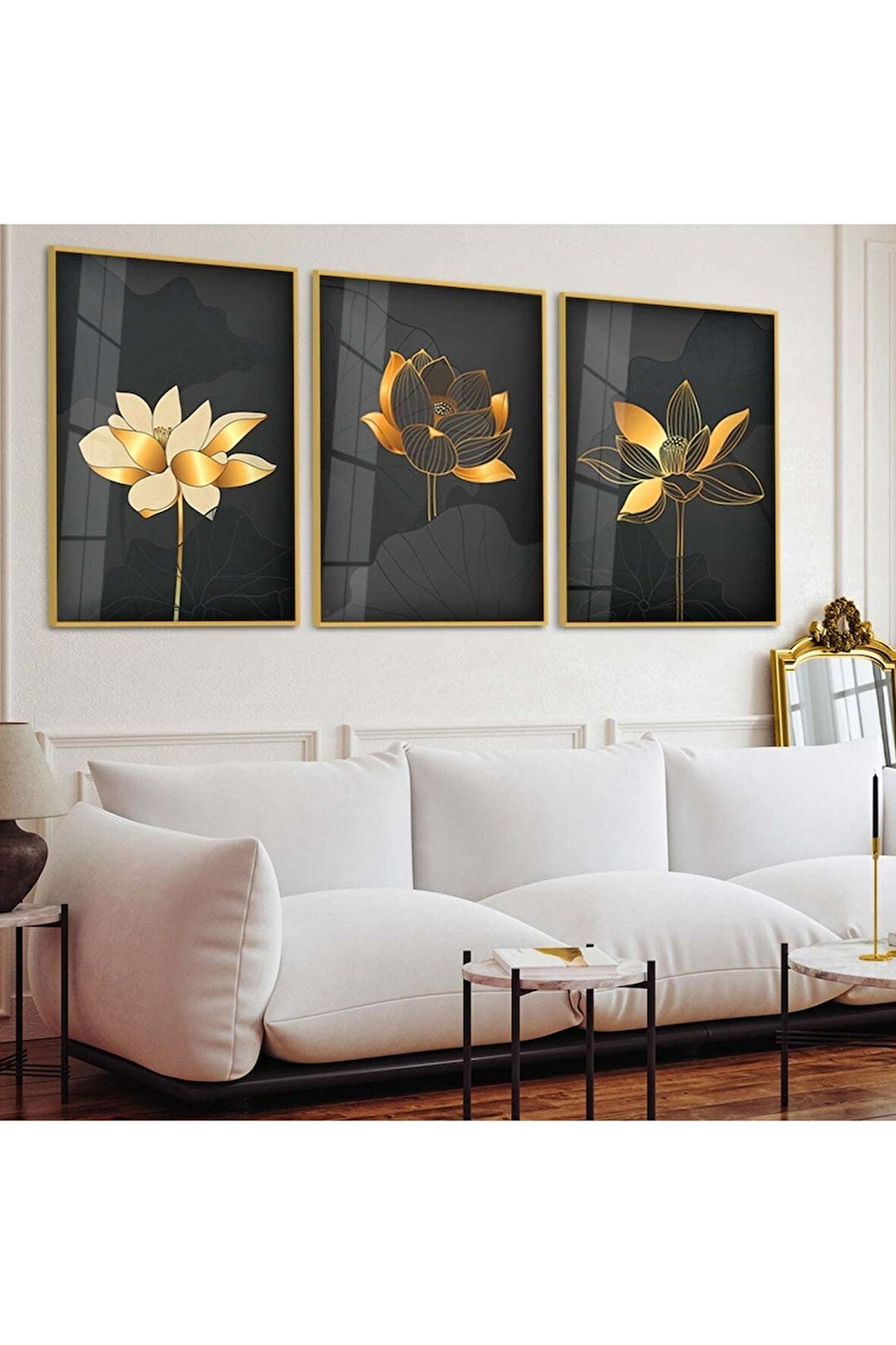 Gold Metal Çerçeveli Soyut Desen Çiçek Üçlü Kırılmaz Cam Tablo Seti