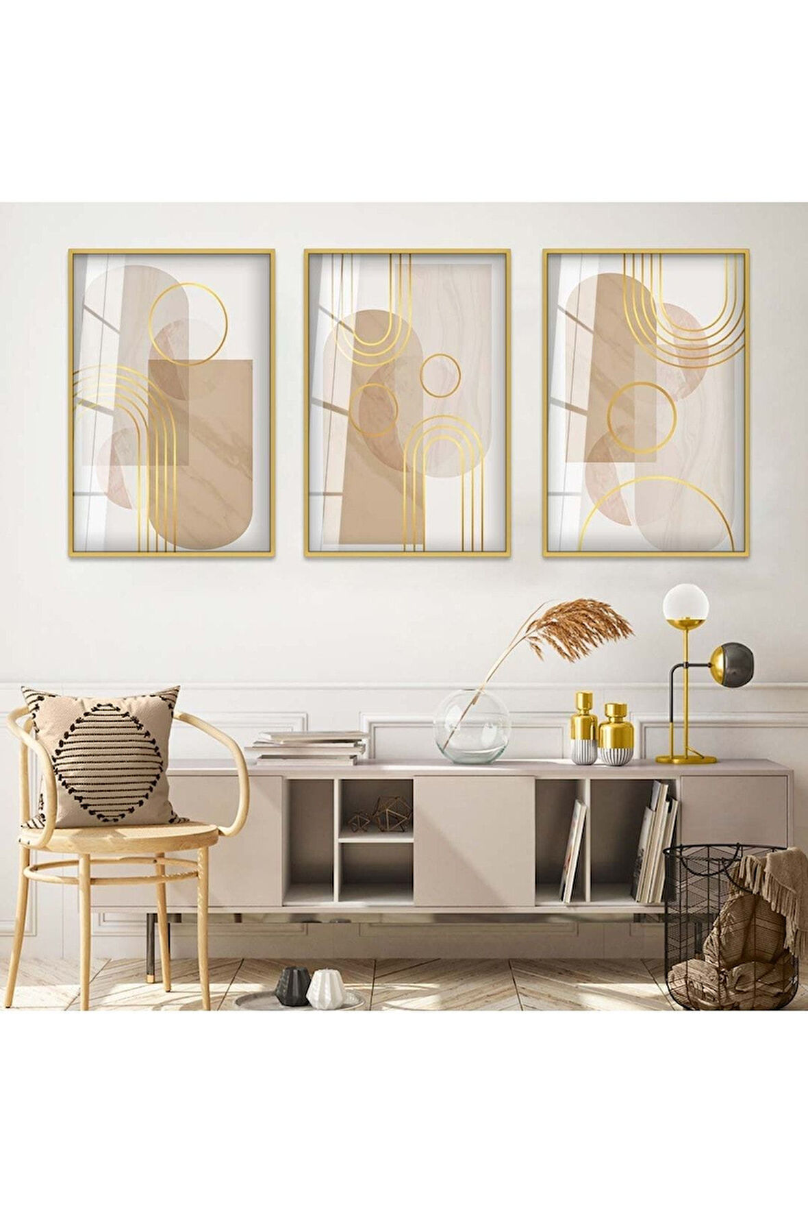 Gümüş Metal Çerçeveli Soyut Desen Şekiller Üçlü Kırılmaz Cam Tablo Seti