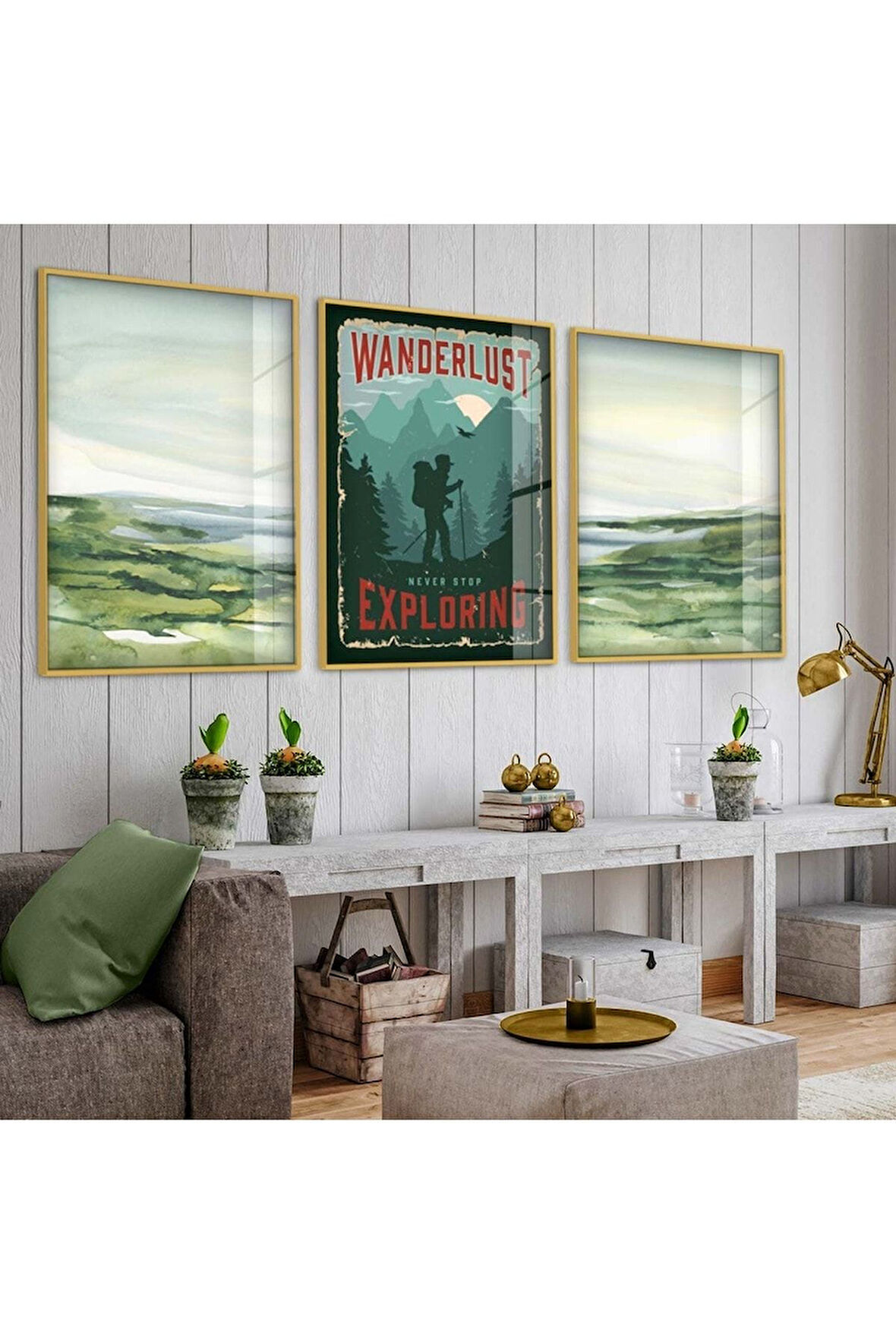 Gold Metal Çerçeveli Afiş Üçlü Kırılmaz Cam Tablo Seti