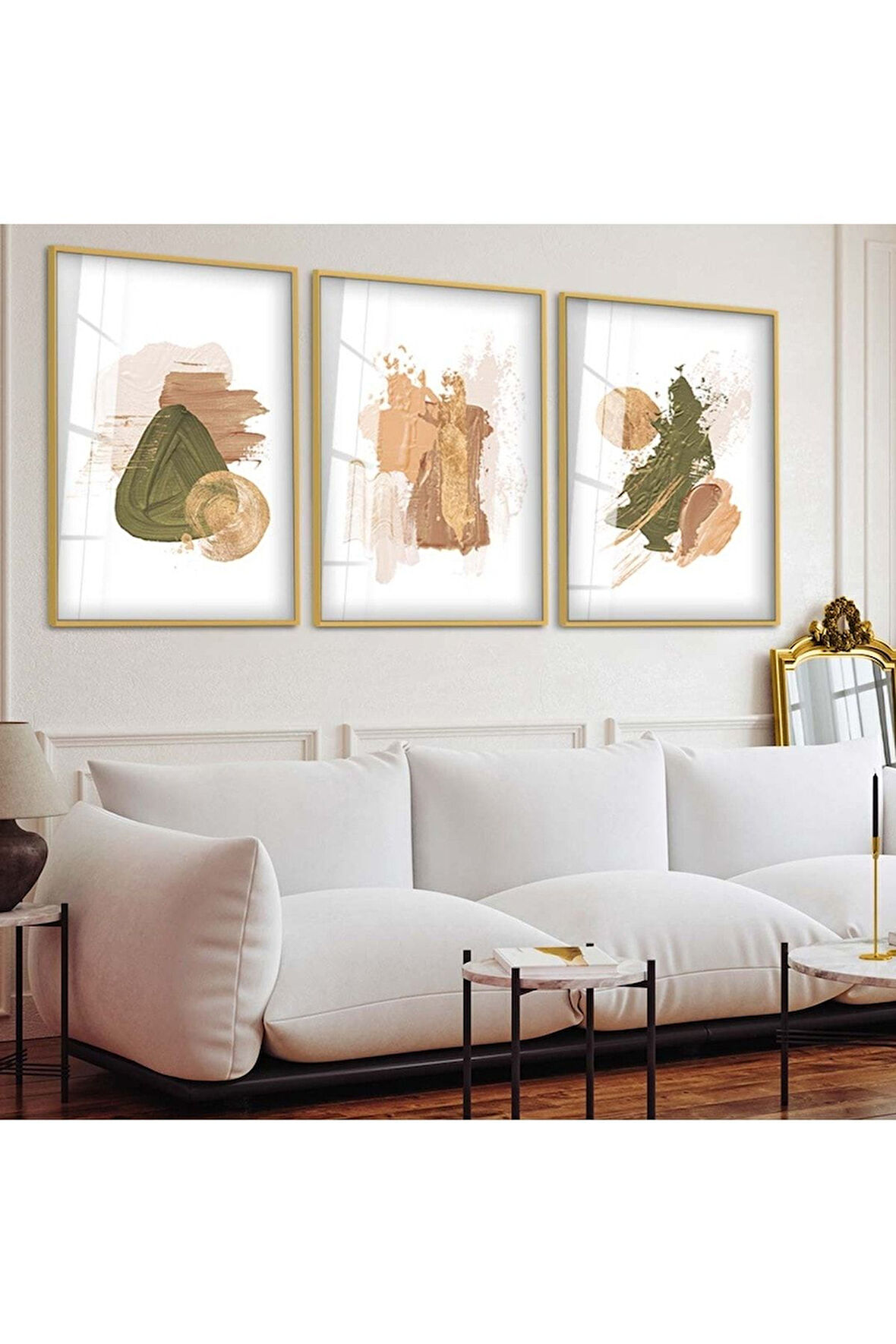 Gold Metal Çerçeveli Soyut Desen Şekiller Üçlü Kırılmaz Cam Tablo Seti