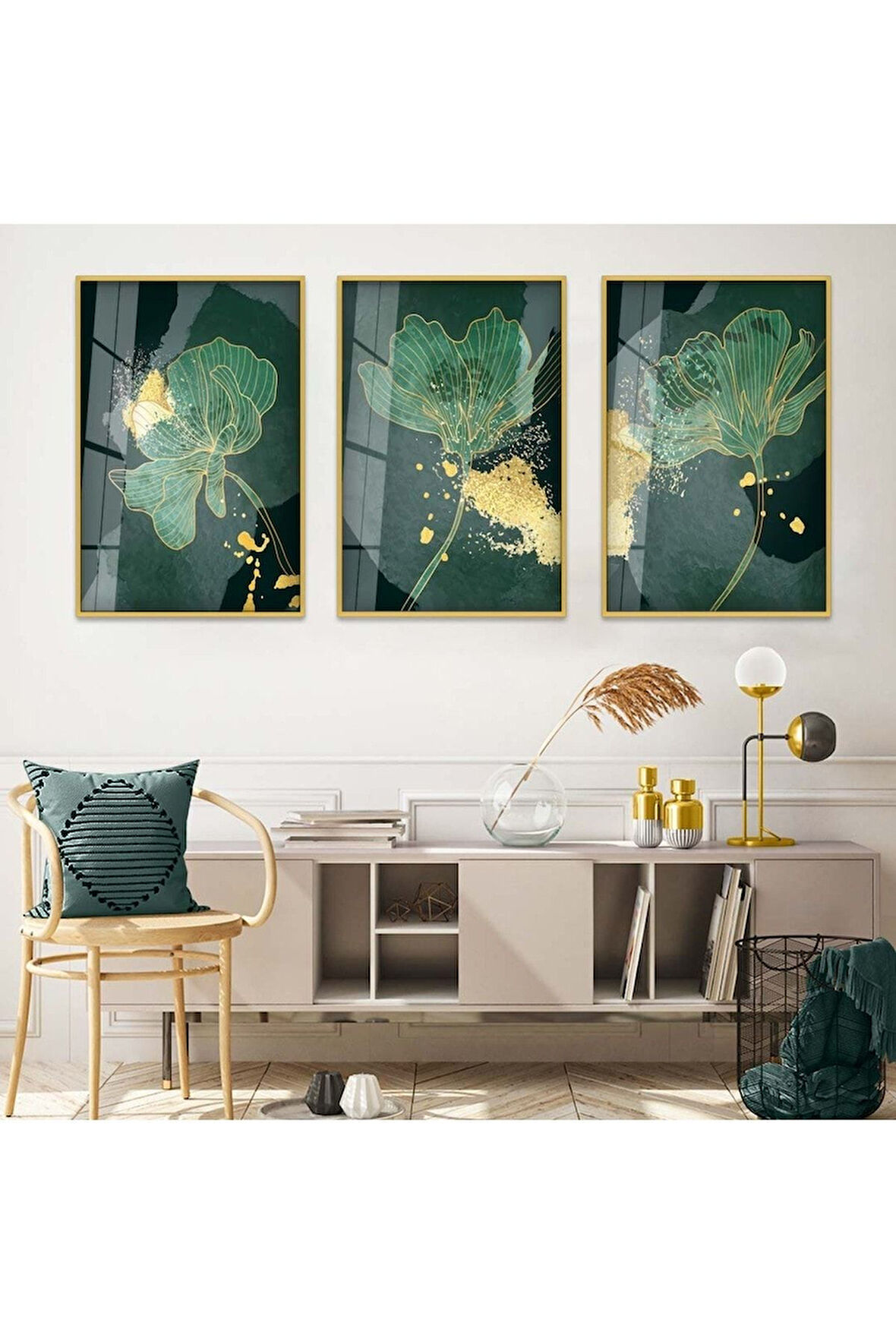 Siyah Metal Çerçeveli Soyut Desen Üçlü Kırılmaz Cam Tablo Seti