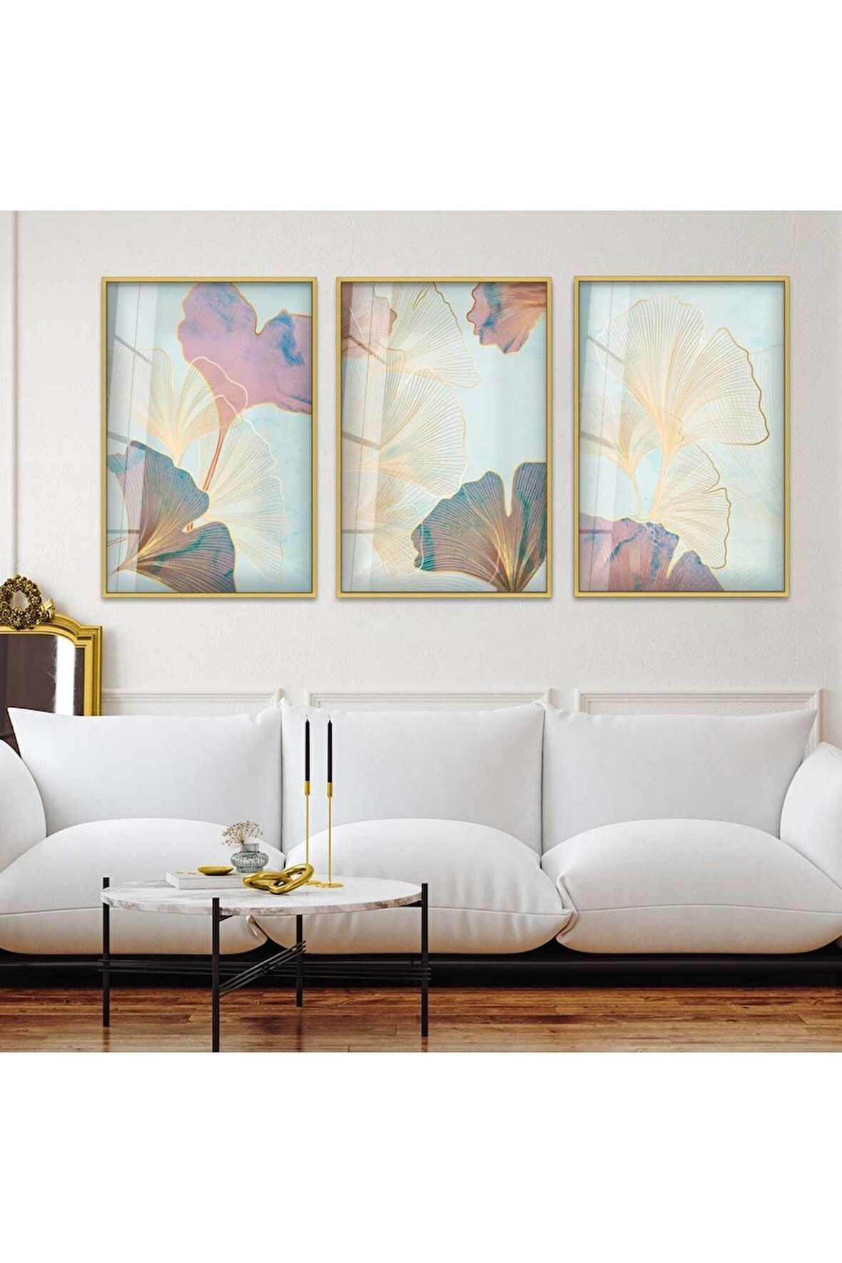 Gümüş Metal Çerçeveli Soyut Desen Üçlü Kırılmaz Cam Tablo Seti