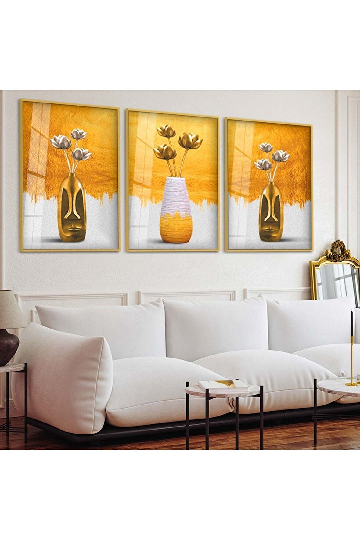 Gold Metal Çerçeveli Soyut Desen Üçlü Kırılmaz Cam Tablo Seti