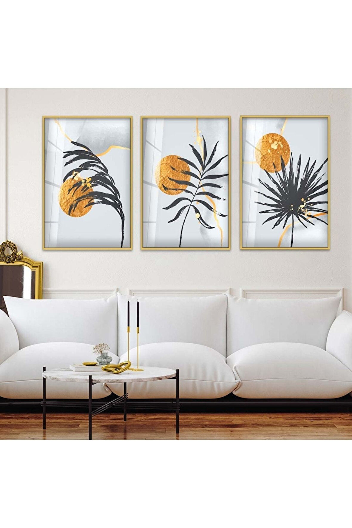 Siyah Metal Çerçeveli Soyut Desen Üçlü Kırılmaz Cam Tablo Seti
