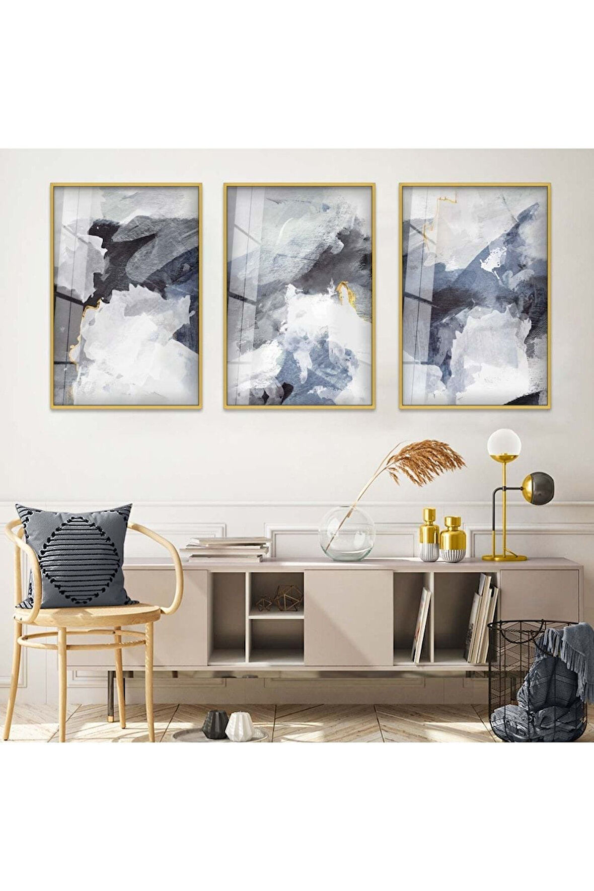 Gümüş Metal Çerçeveli Soyut Desen Üçlü Kırılmaz Cam Tablo Seti