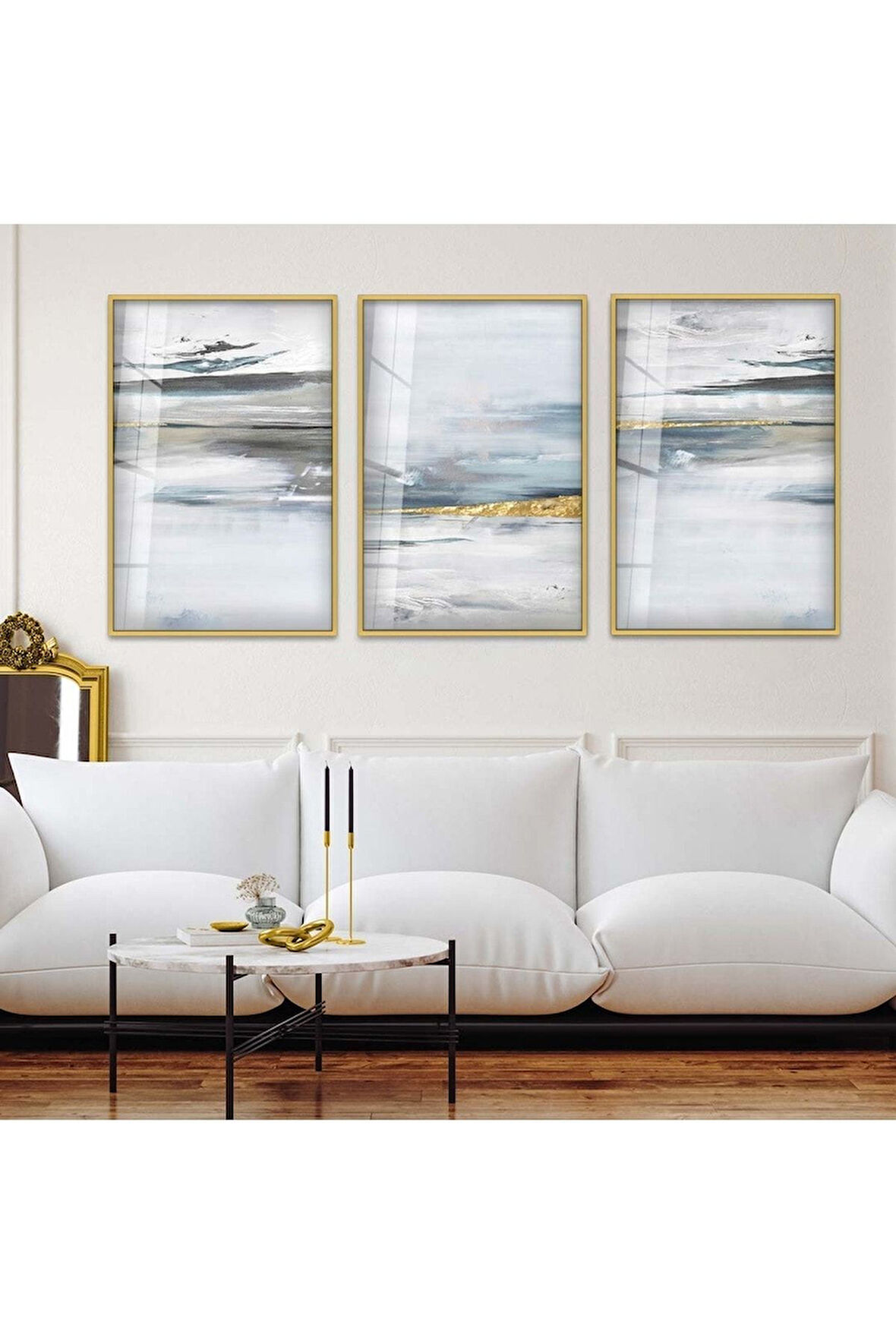 Siyah Metal Çerçeveli Soyut Desen Üçlü Kırılmaz Cam Tablo Seti