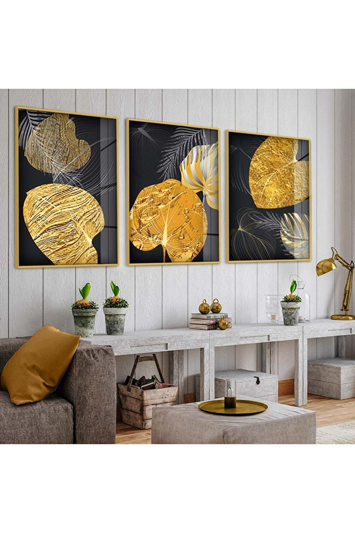 Gold Metal Çerçeveli Soyut Desen Üçlü Kırılmaz Cam Tablo Seti