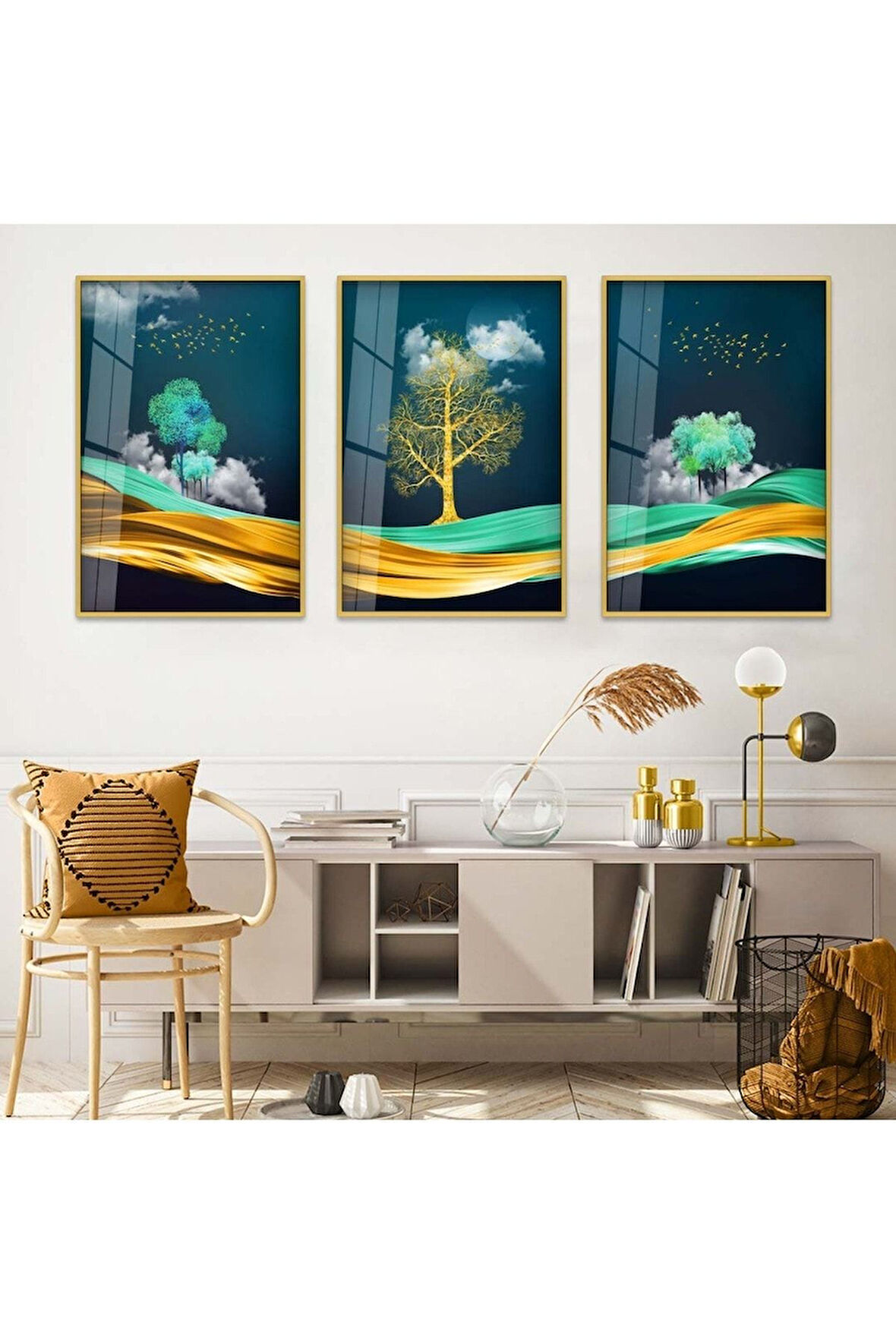 Gümüş Metal Çerçeveli Soyut Desen Üçlü Kırılmaz Cam Tablo Seti