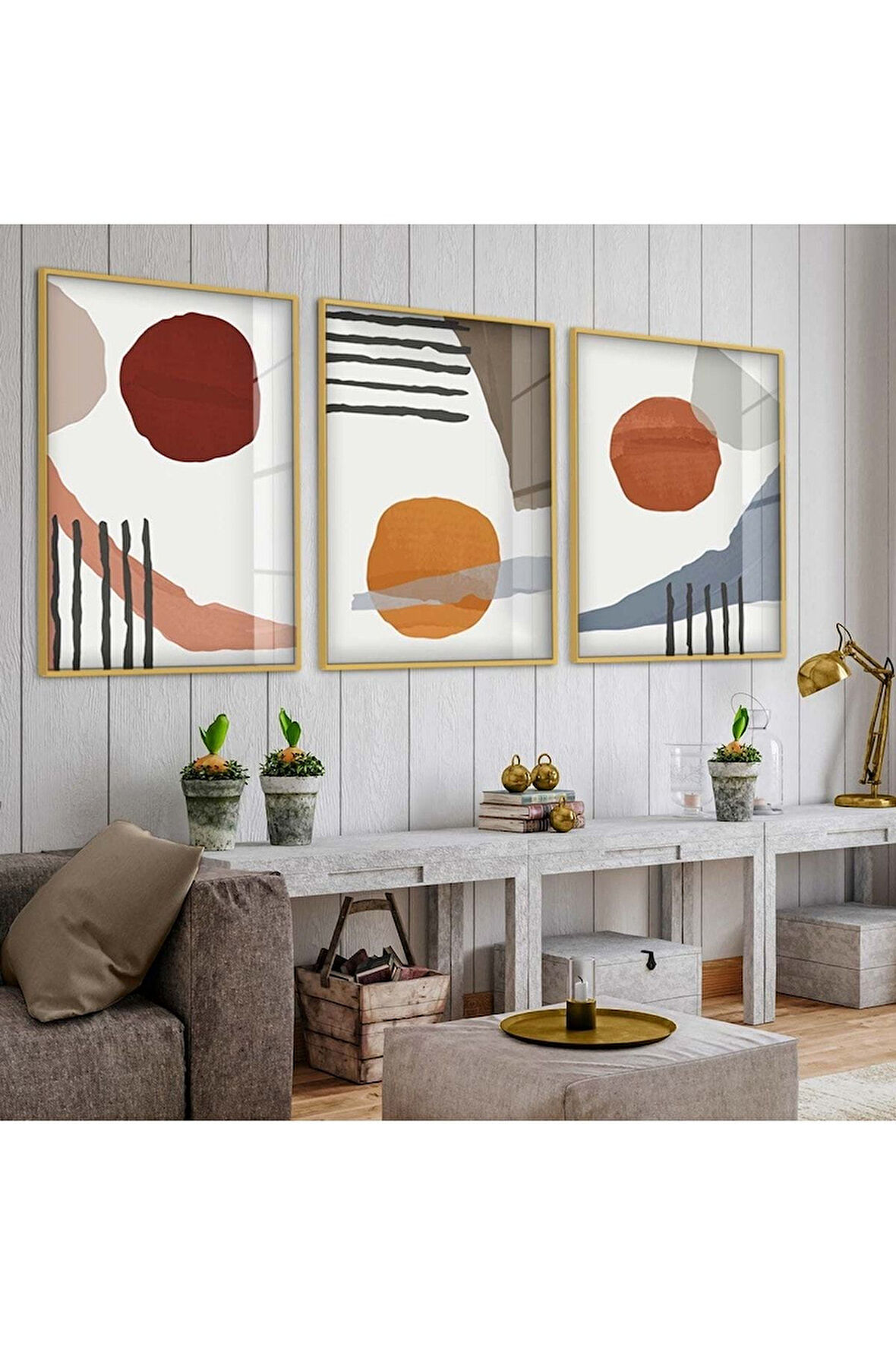 Gold Metal Çerçeveli Soyut Desen Üçlü Kırılmaz Cam Tablo Seti
