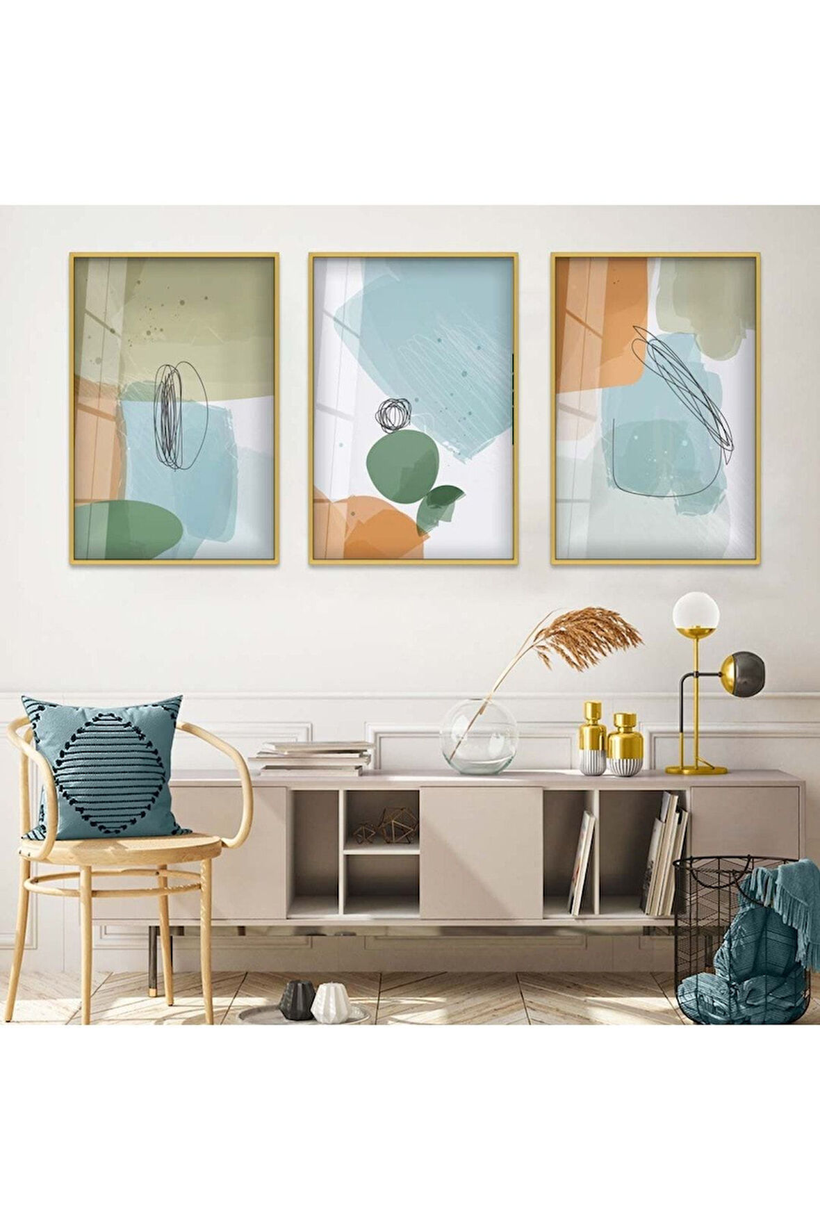 Siyah Metal Çerçeveli Soyut Desen Üçlü Kırılmaz Cam Tablo Seti