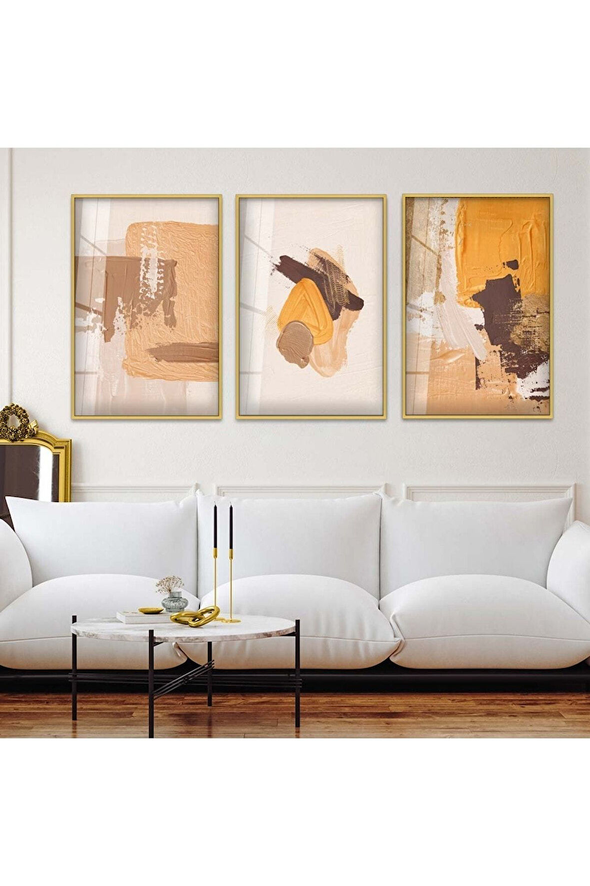 Siyah Metal Çerçeveli Soyut Desen Üçlü Kırılmaz Cam Tablo Seti