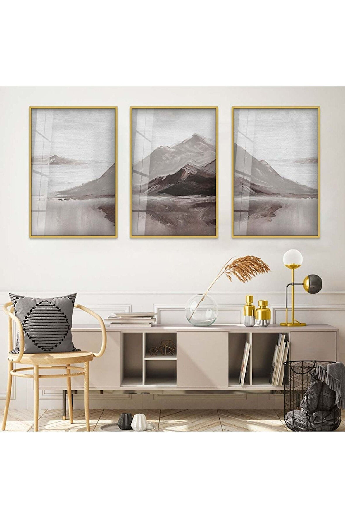 Siyah Metal Çerçeveli Kolaj Çizim Dağ Üçlü Kırılmaz Cam Tablo Seti