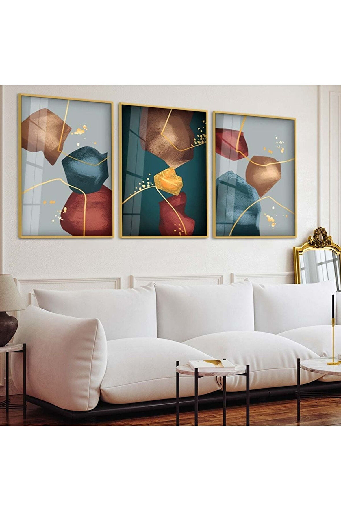 MİNİMALİST SOYUT DESEN 3'LÜ METAL ÇERÇEVELİ CAM TABLO SETİ