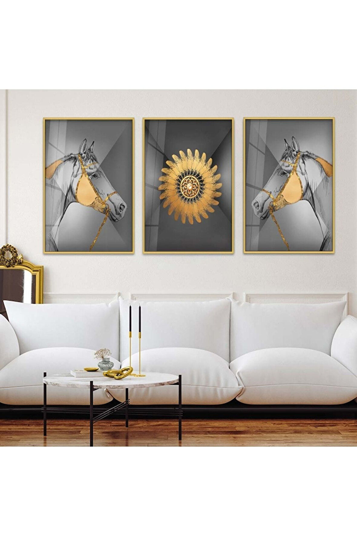 Siyah Metal Çerçeveli Minimalist Soyut Desen Üçlü Kırılmaz Cam Tablo Seti