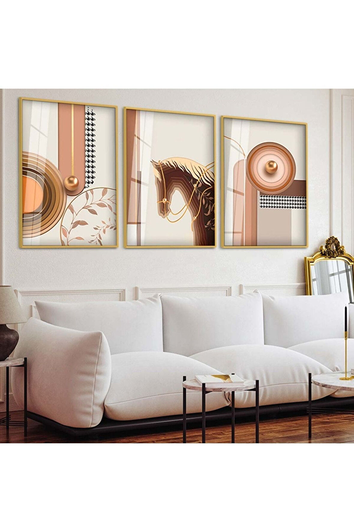 Gold Metal Çerçeveli Minimalist Soyut Desen Üçlü Kırılmaz Cam Tablo Seti