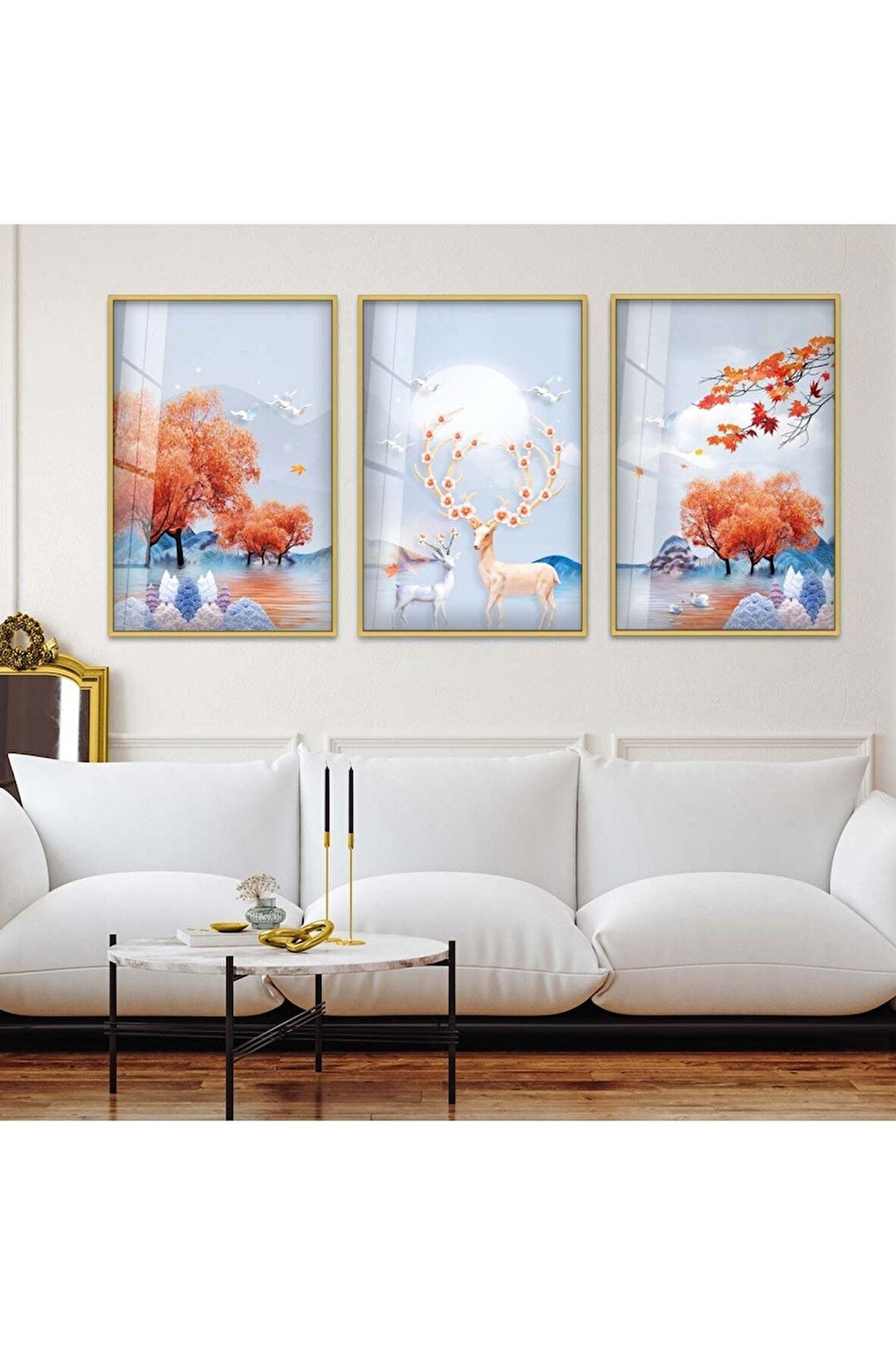Gümüş Metal Çerçeveli Geyik Soyut Desen Üçlü Kırılmaz Cam Tablo Seti