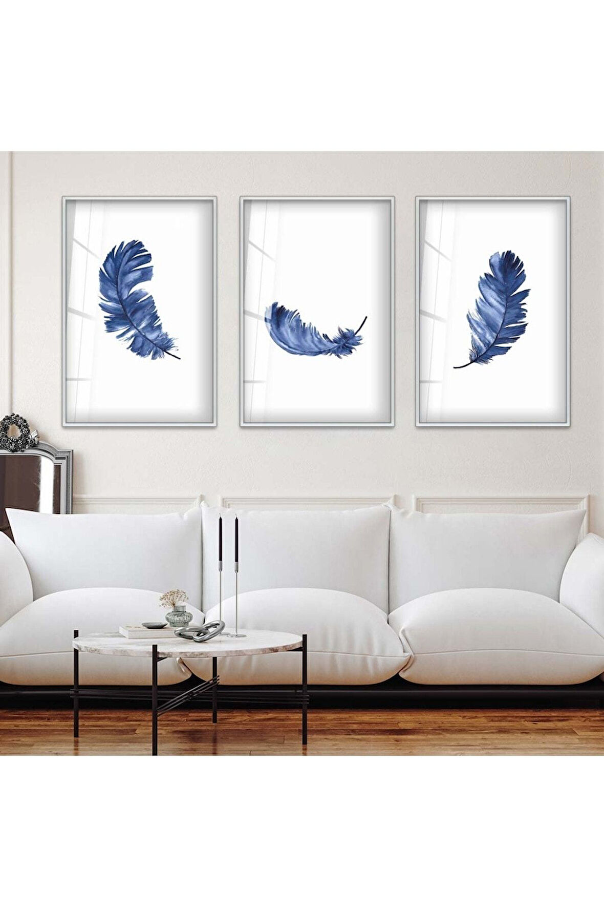 Gold Metal Çerçeveli Mavi Tüy Üçlü Kırılmaz Cam Tablo Seti