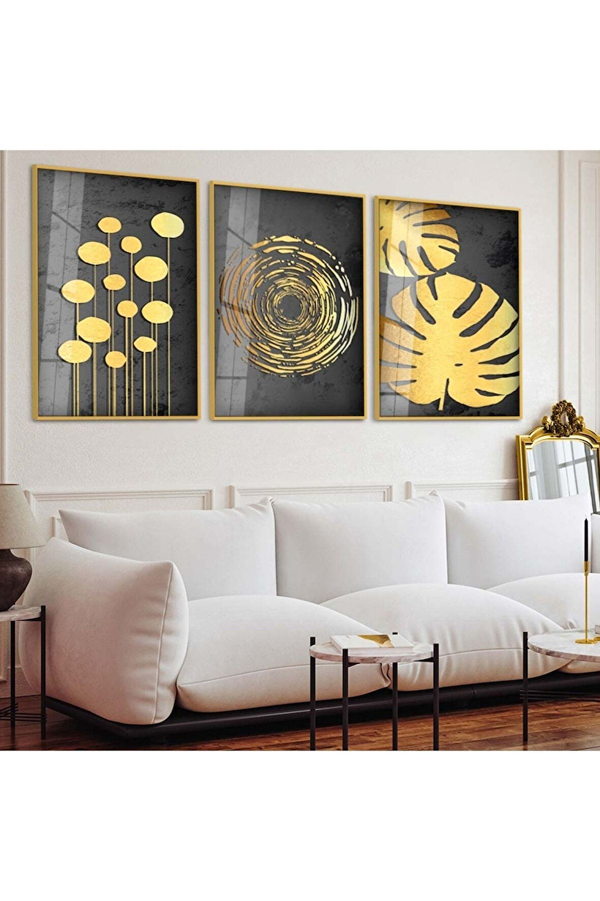 Gold Metal Çerçeveli Soyut Desen Kırılmaz Cam Tablo Seti