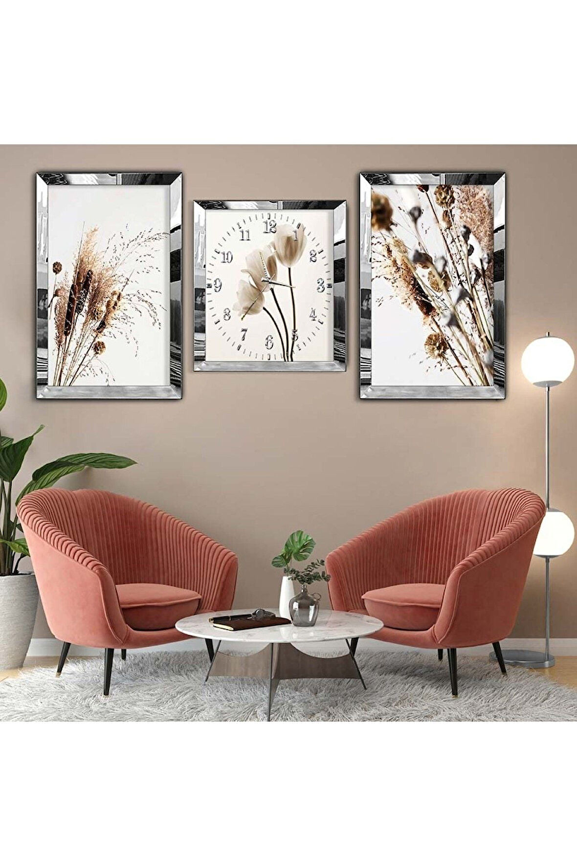 Gold Aynalı Pleksi Çerçeveli Beyaz Çiçek Üçlü Mdf Tablo Seti