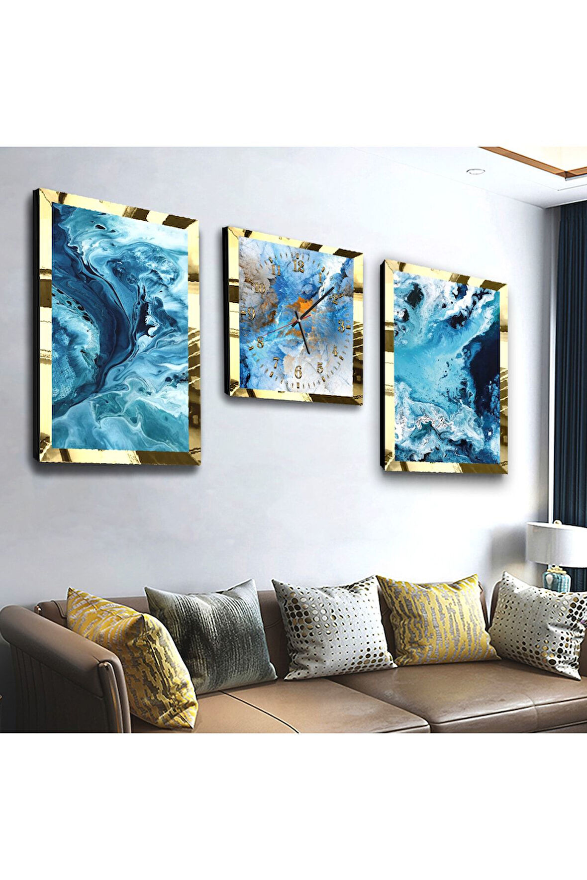 Gold Aynalı Pleksi Çerçeveli Mavi Renkli Üçlü Mdf Tablo Seti