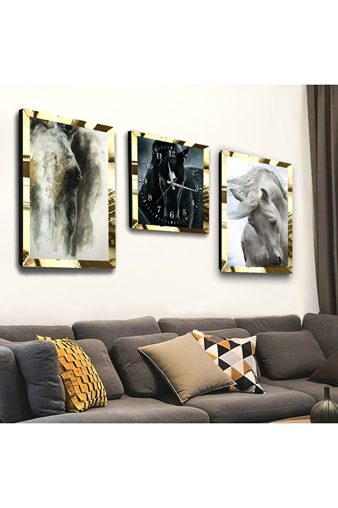 Gold Aynalı Pleksi Çerçeveli Siyah Beyaz At Üçlü Mdf Tablo Seti Ve Saat Seti