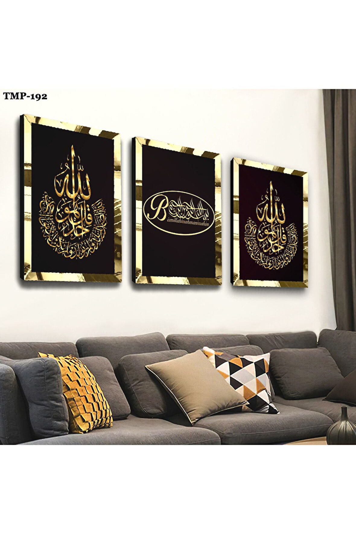 Gold Aynalı Pleksi Çerçeveli Allah Lafzı Dini Üçlü Mdf Tablo Seti