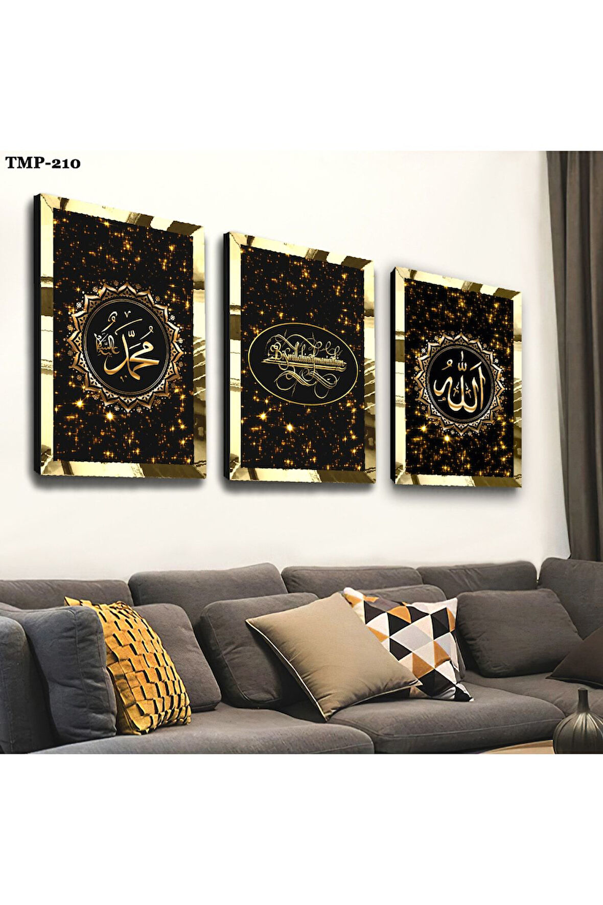 Gold Aynalı Pleksi Çerçeveli Hz Muhammed Ve Allah Lafzı Dini Üçlü Mdf Tablo Seti