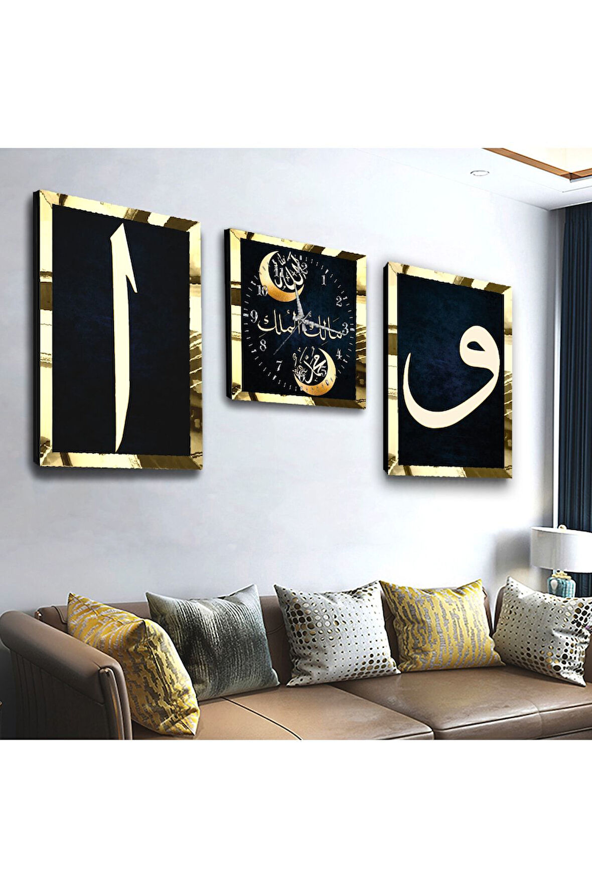 Gold Aynalı Pleksi Çerçeveli Ef Vav Dini Üçlü Mdf Tablo Seti