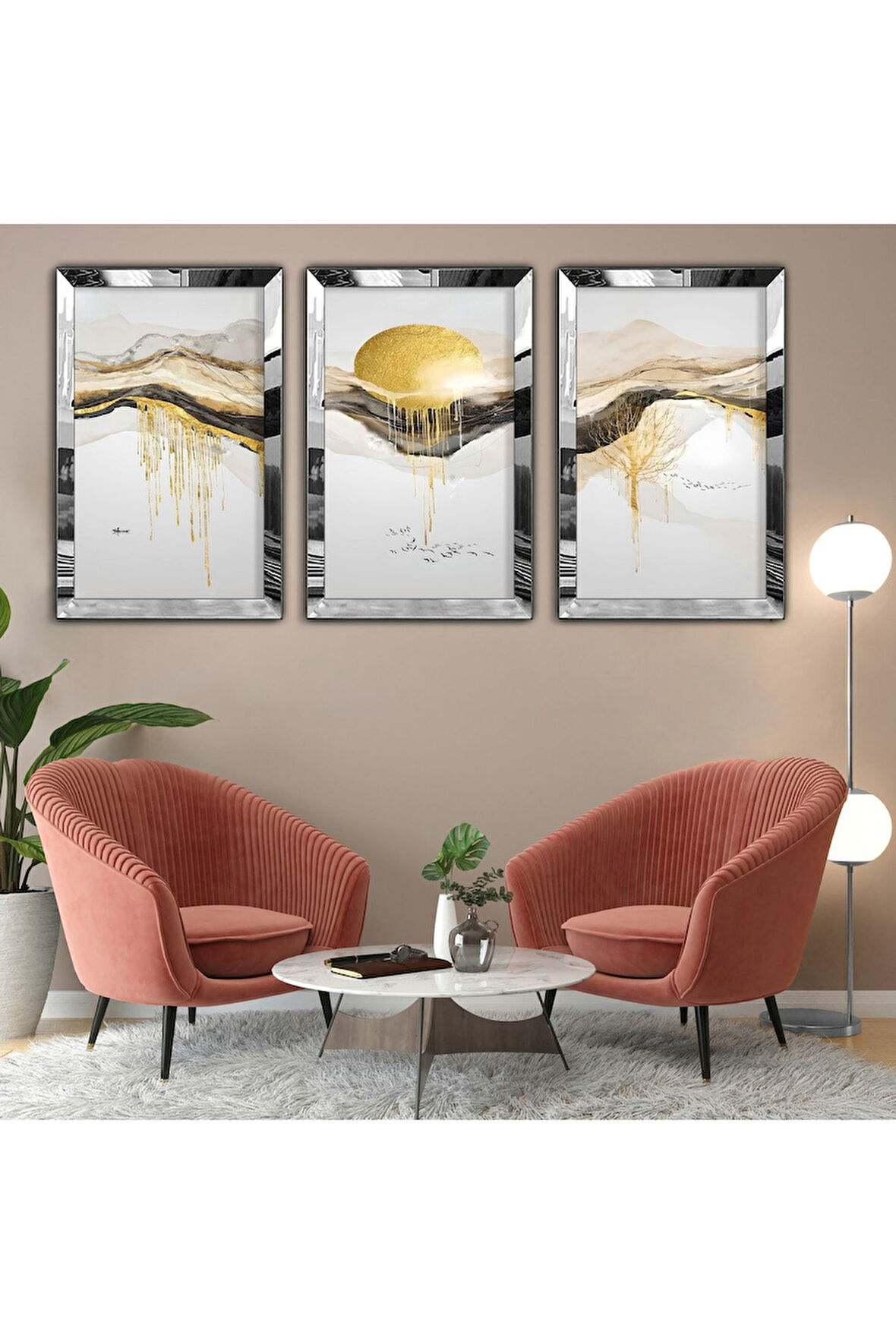 Gümüş Aynalı Pleksi Çerçeveli Kolaj Çizim Üçlü Mdf Tablo Seti