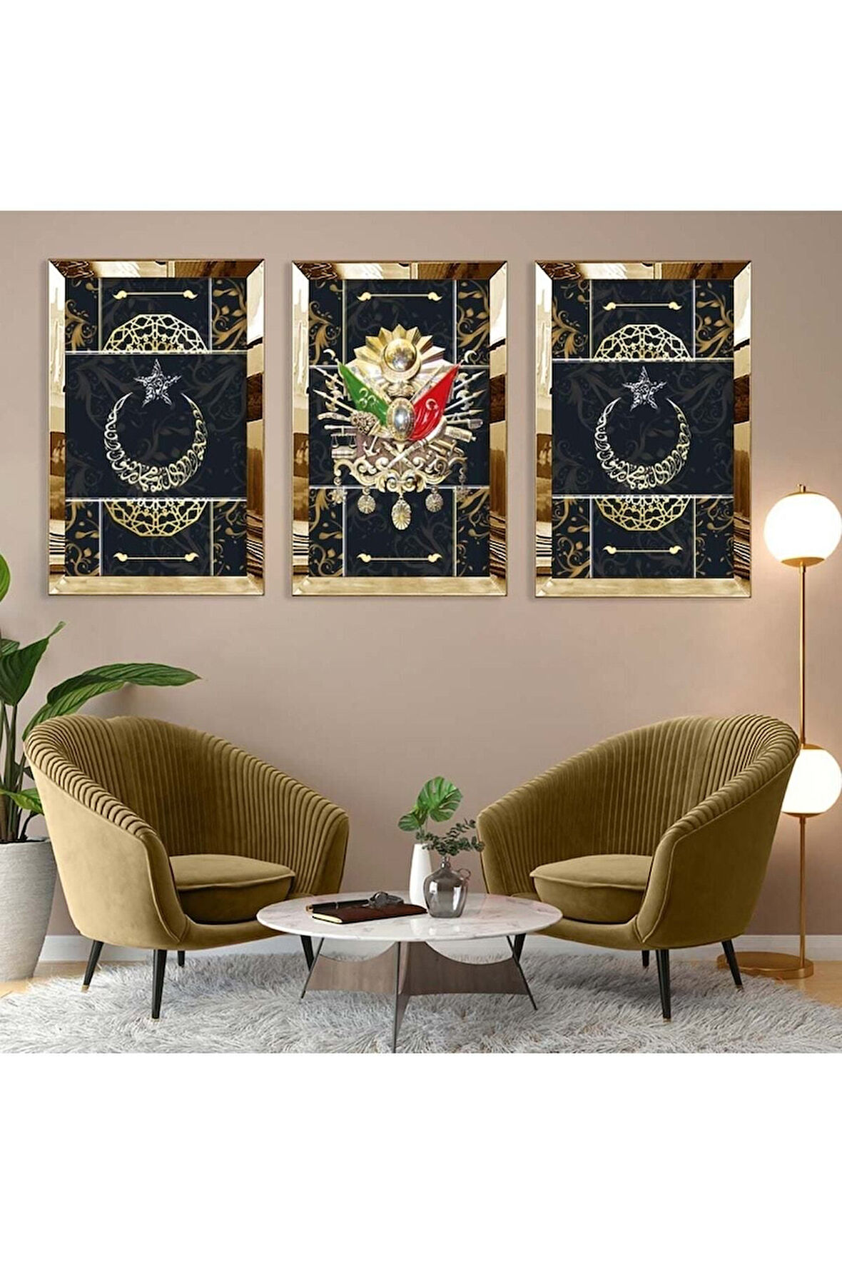 Gümüş Aynalı Pleksi Çerçeveli Siyah Arka Planlı Gold Desenli Osmanlı Tuğrası Üçlü Mdf Tablo Seti