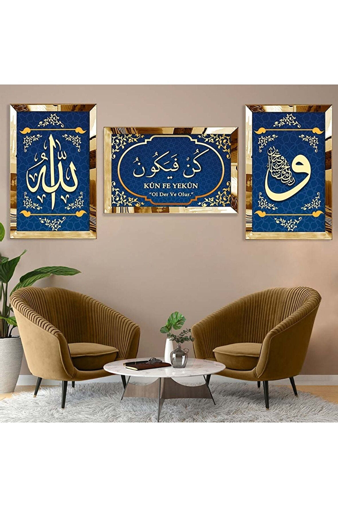 Gümüş Aynalı Pleksi Çerçevel Kün Fe Yekün Dini Model Üçlü Mdf Tablo Seti
