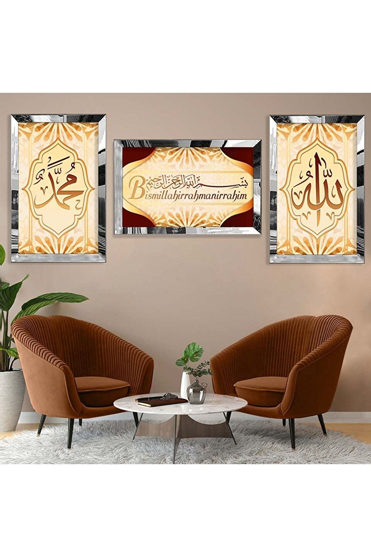 Gold Aynalı Pleksi Çerçeveli Besmele Dini Model Üçlü Mdf Tablo Seti